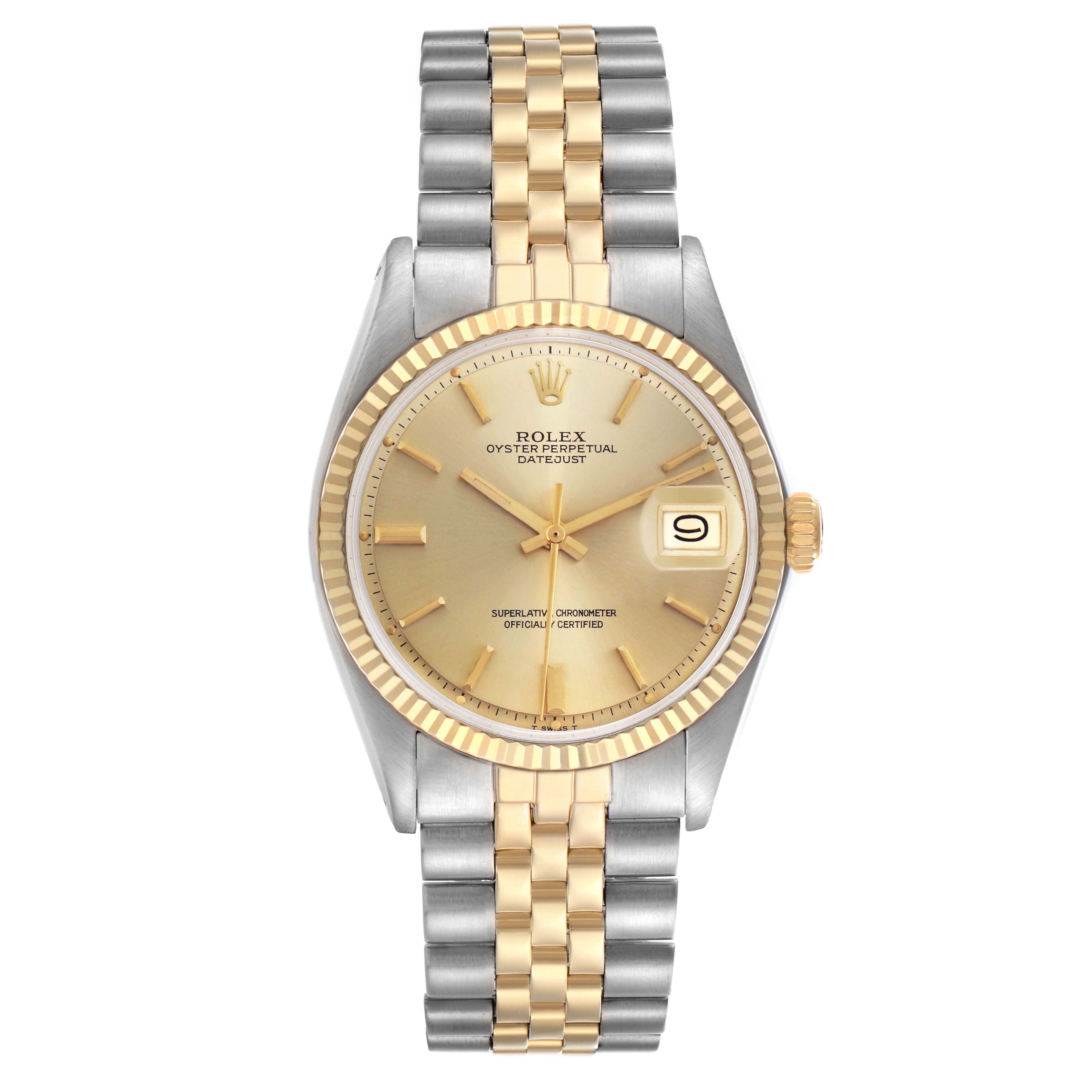 The Rolex Datejust 1601 Men's Steel and Gold (two tone) Champagne Dial 1601 Men's Steel and Gold (two tone) Champagne Dial watch is shown from a top-down angle, highlighting its dial, bezel, and two-tone bracelet.