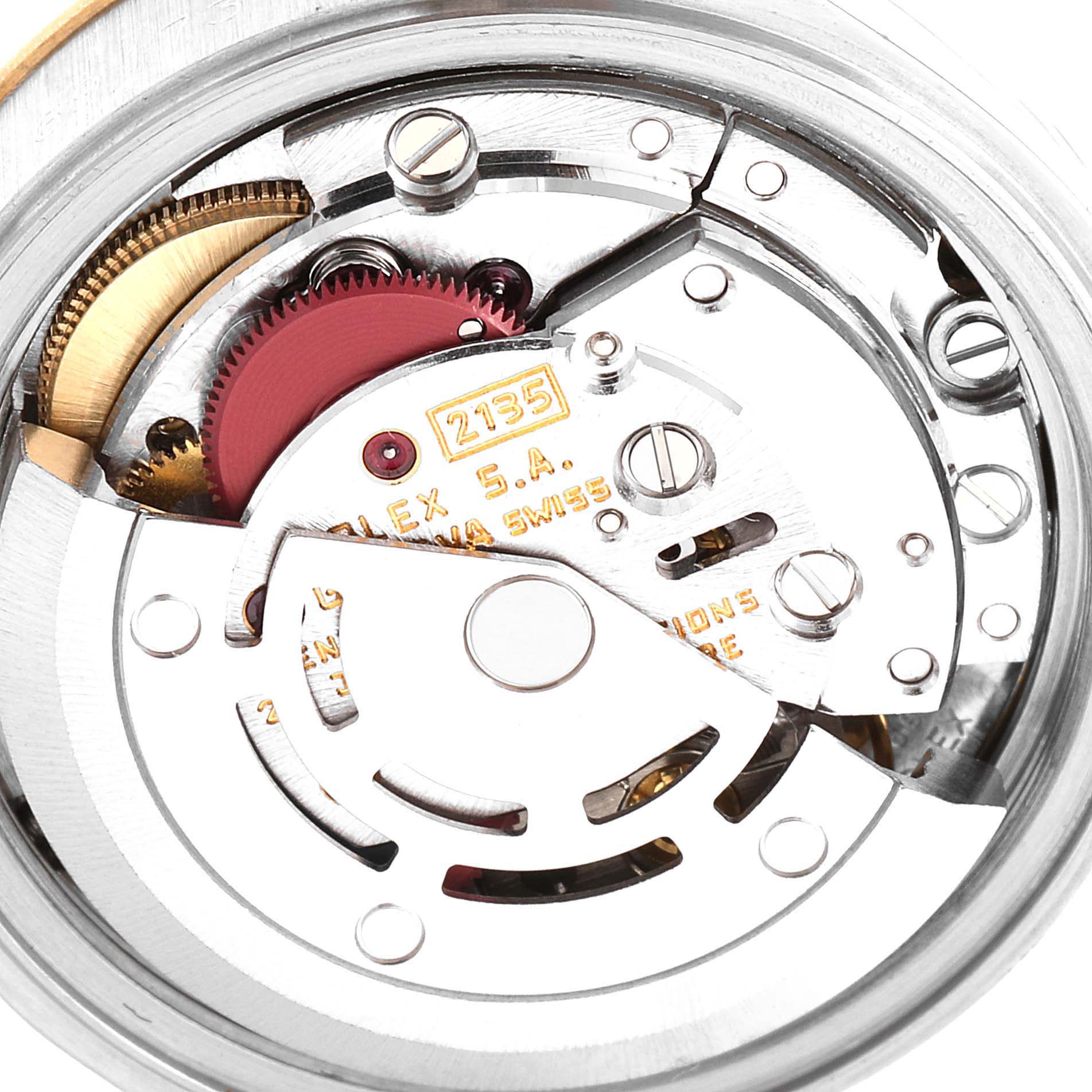 This image shows the movement mechanism of a Rolex Datejust 69173 Women
s Steel and Gold (two tone) White Dial 69173 Women
s Steel and Gold (two tone) White Dial watch from a close-up angle.