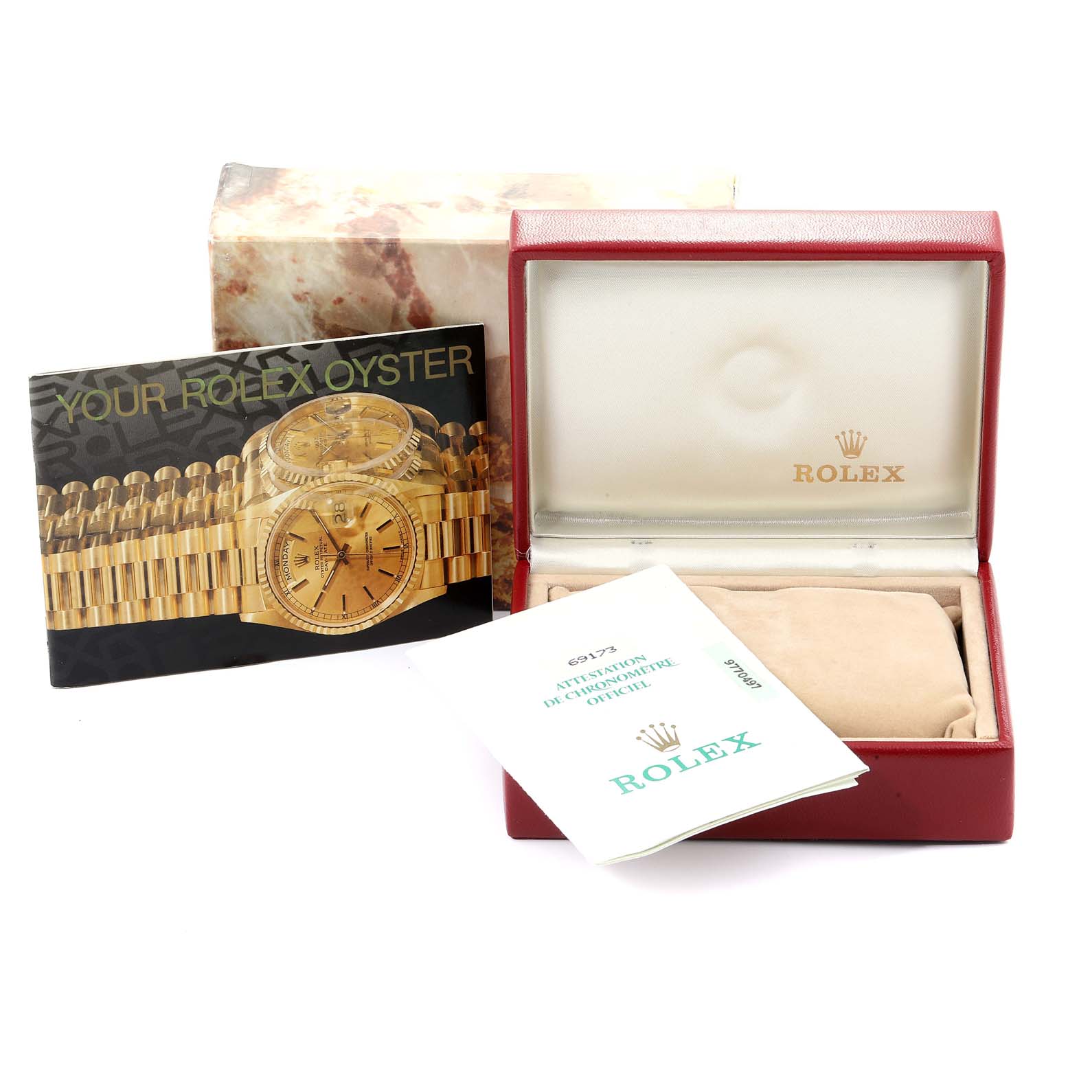 The image shows a Rolex Datejust 69173 Women
s Steel and Gold (two tone) White Dial 69173 Women
s Steel and Gold (two tone) White Dial watch box, warranty card, and a booklet, all viewed from a front angle.