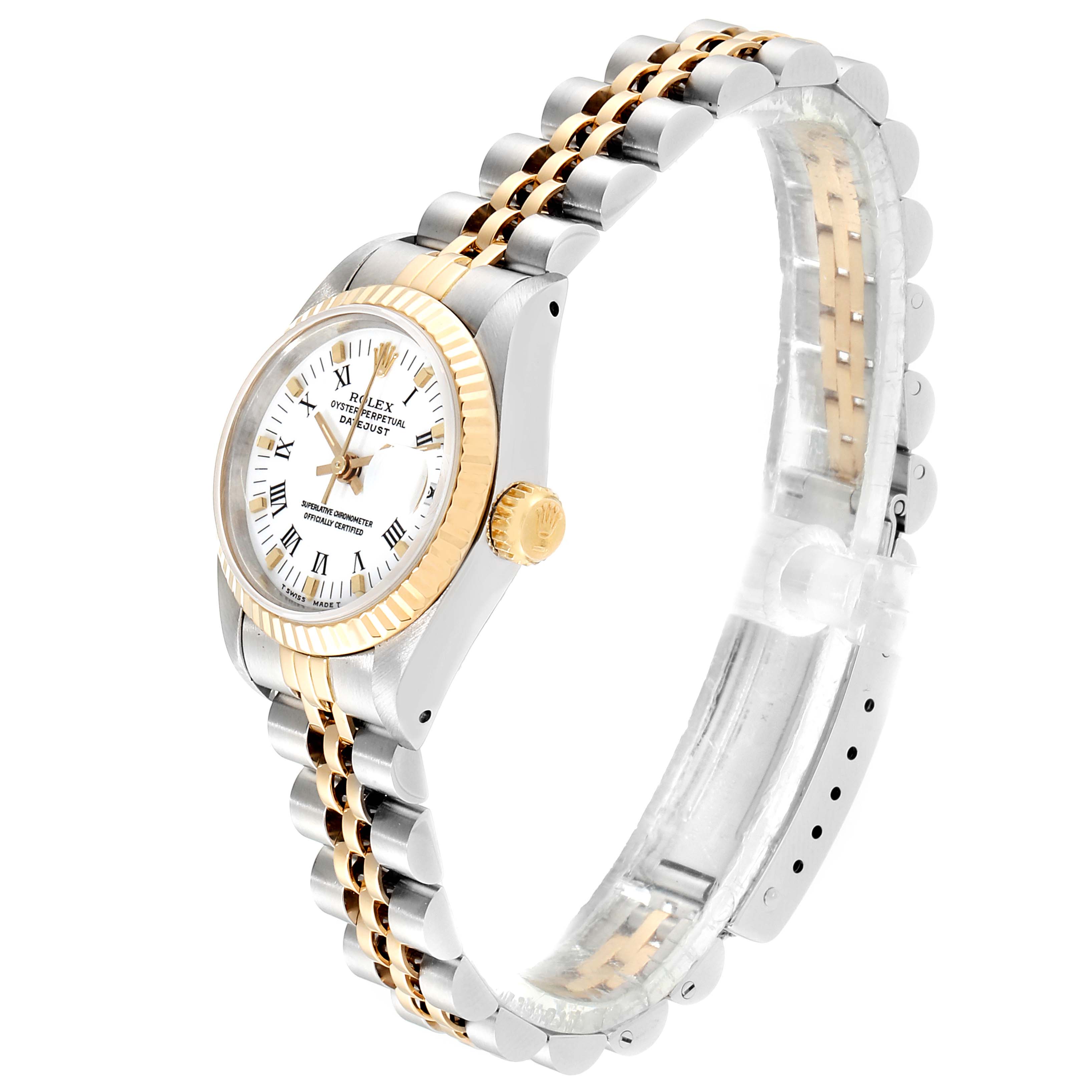 This image shows a Rolex Datejust 69173 Women
s Steel and Gold (two tone) White Dial 69173 Women
s Steel and Gold (two tone) White Dial watch at a slightly angled side view, highlighting the dial, bezel, and two-tone bracelet.
