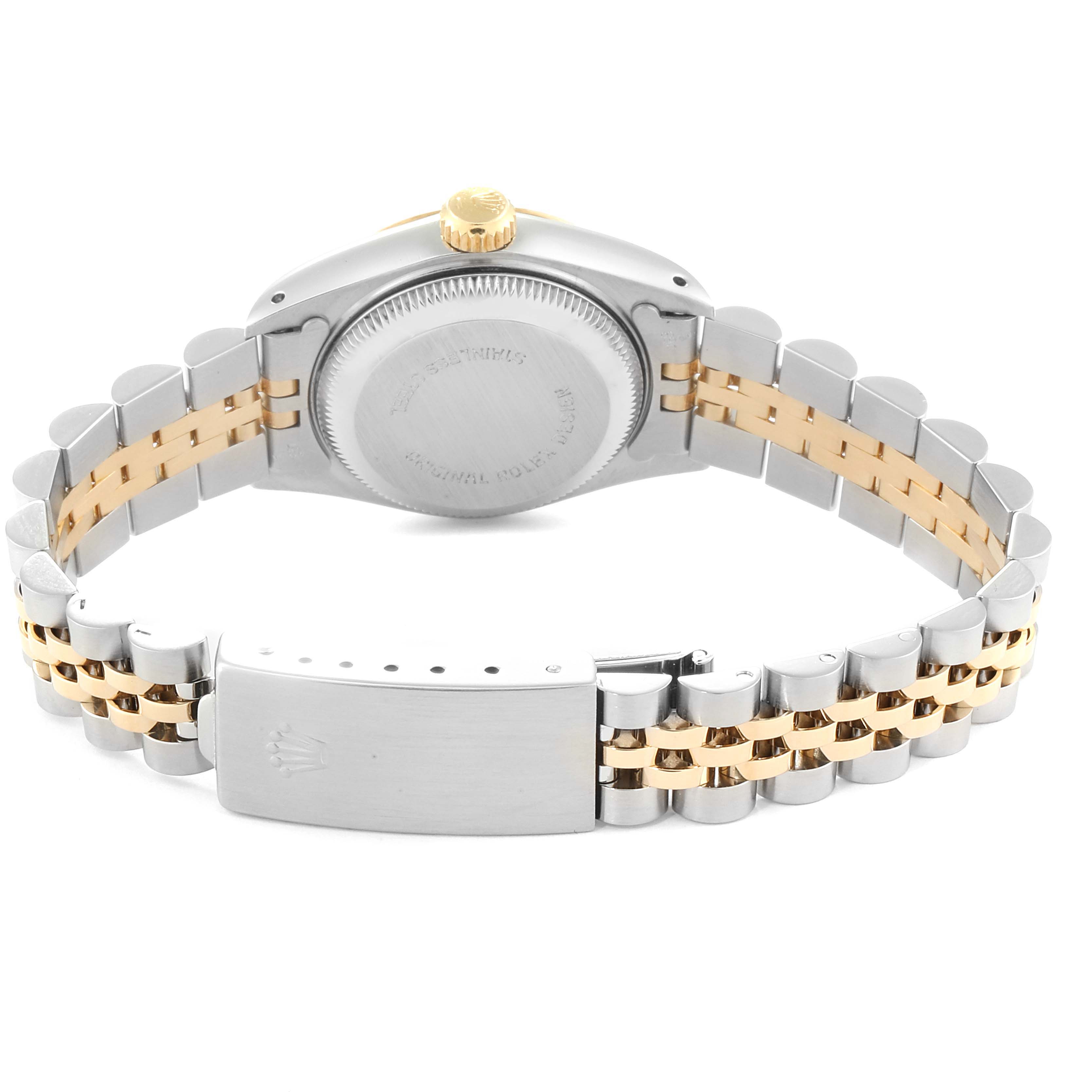 The image shows the back view of a Rolex Datejust 69173 Women
s Steel and Gold (two tone) White Dial 69173 Women
s Steel and Gold (two tone) White Dial watch, focusing on the case back and the metal bracelet.