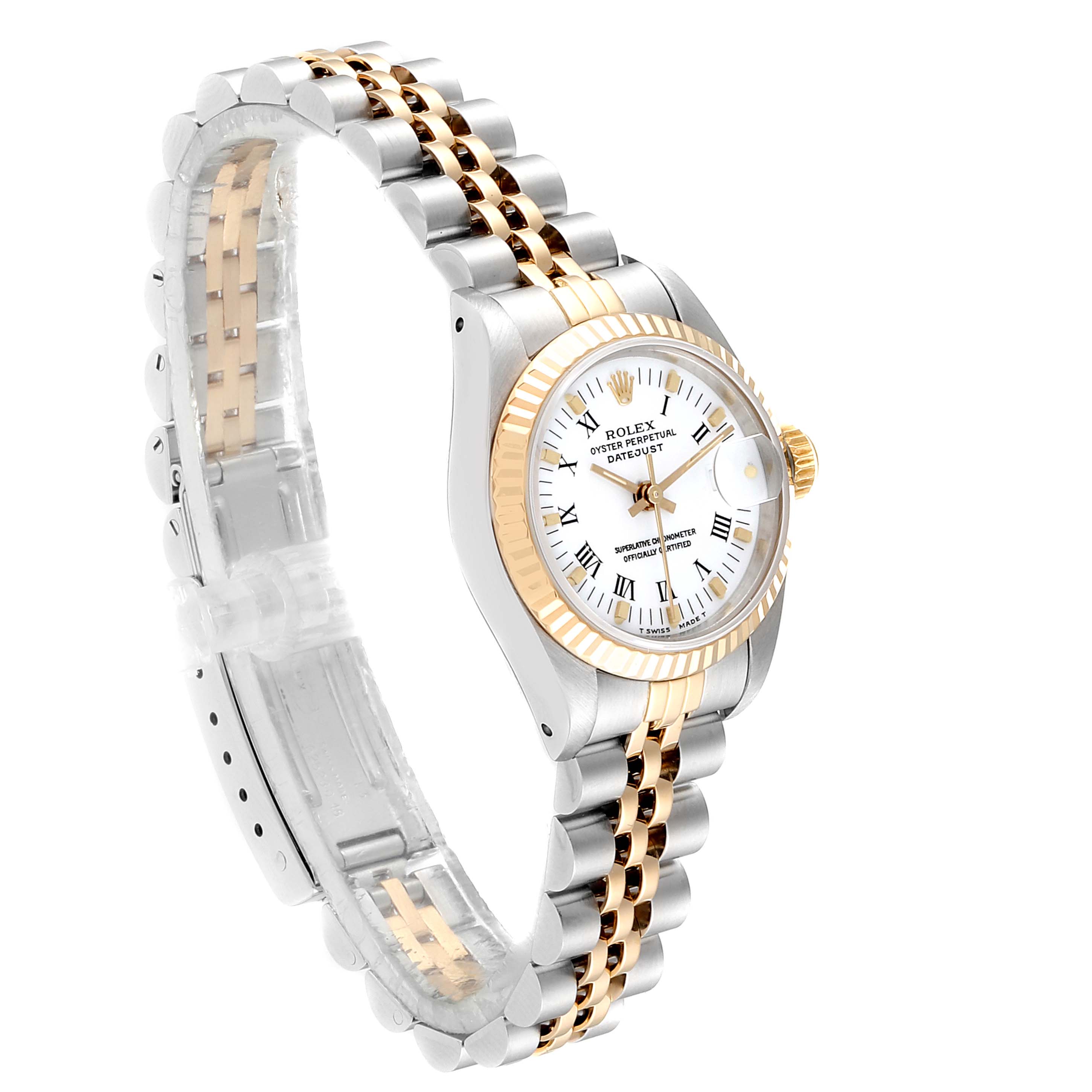 The image shows a Rolex Datejust 69173 Women
s Steel and Gold (two tone) White Dial 69173 Women
s Steel and Gold (two tone) White Dial watch at an oblique angle, displaying the face, bezel, and two-tone bracelet.