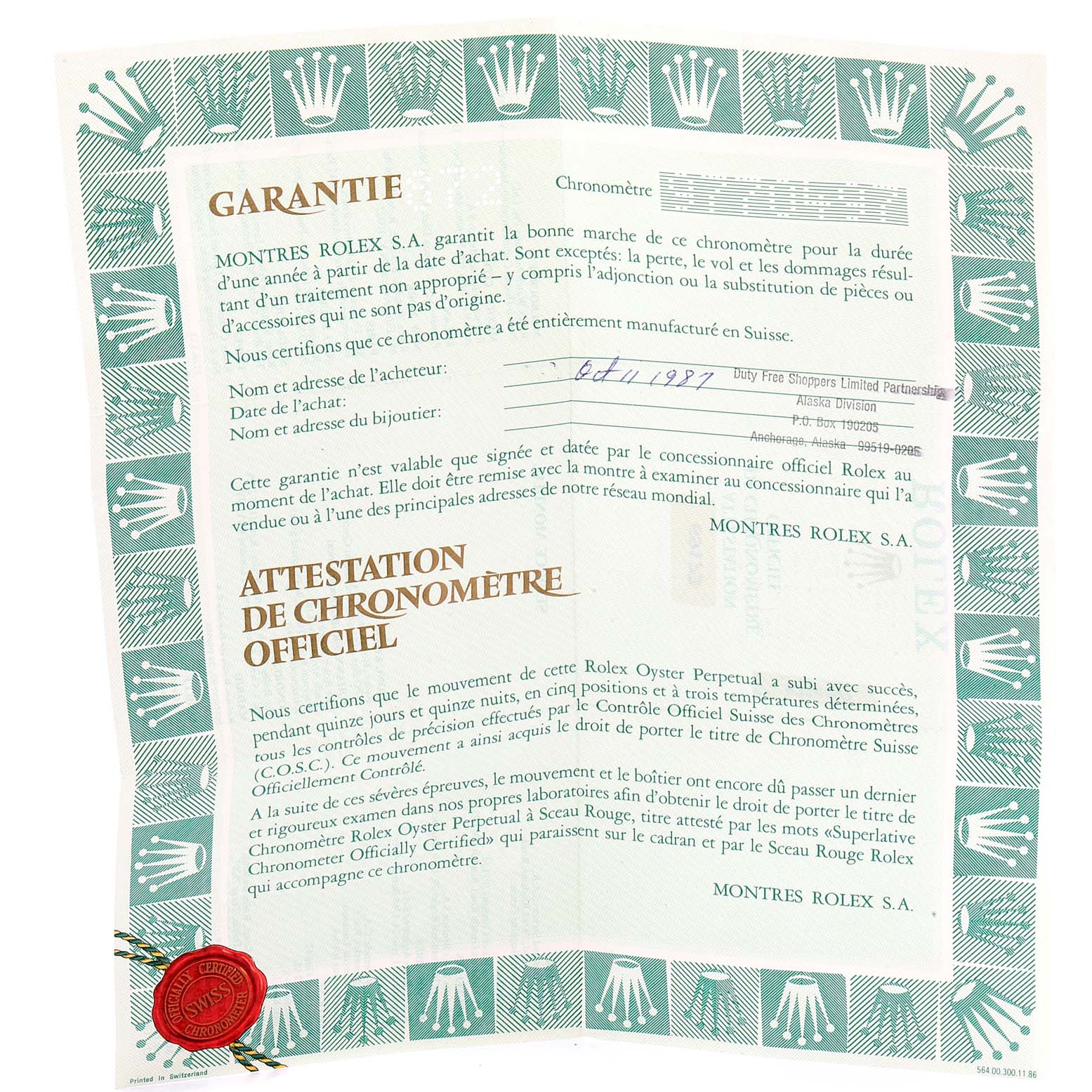 The image shows a Rolex Datejust 69173 Women
s Steel and Gold (two tone) White Dial 69173 Women
s Steel and Gold (two tone) White Dial model warranty card and official certification document.