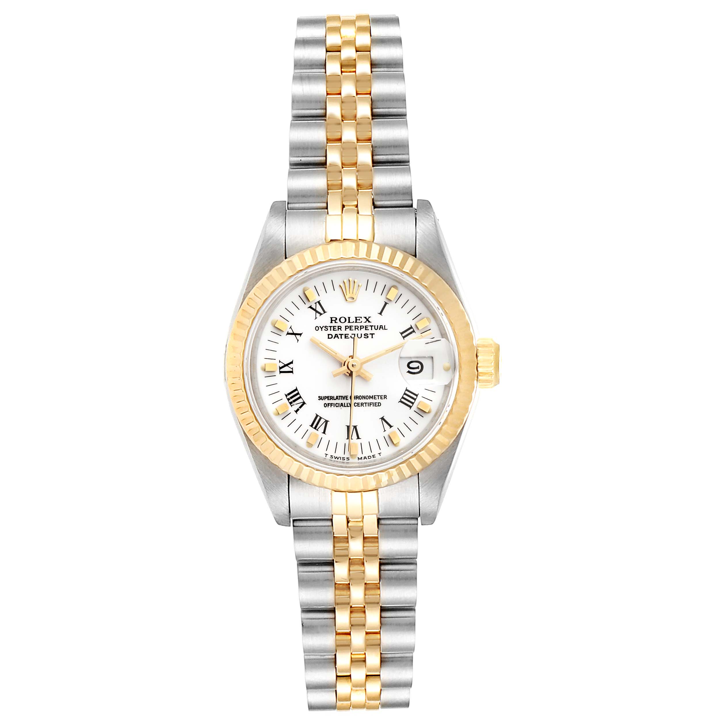 This image shows a front view of a Rolex Datejust 69173 Women
s Steel and Gold (two tone) White Dial 69173 Women
s Steel and Gold (two tone) White Dial watch, displaying its dial, bezel, and two-tone bracelet.