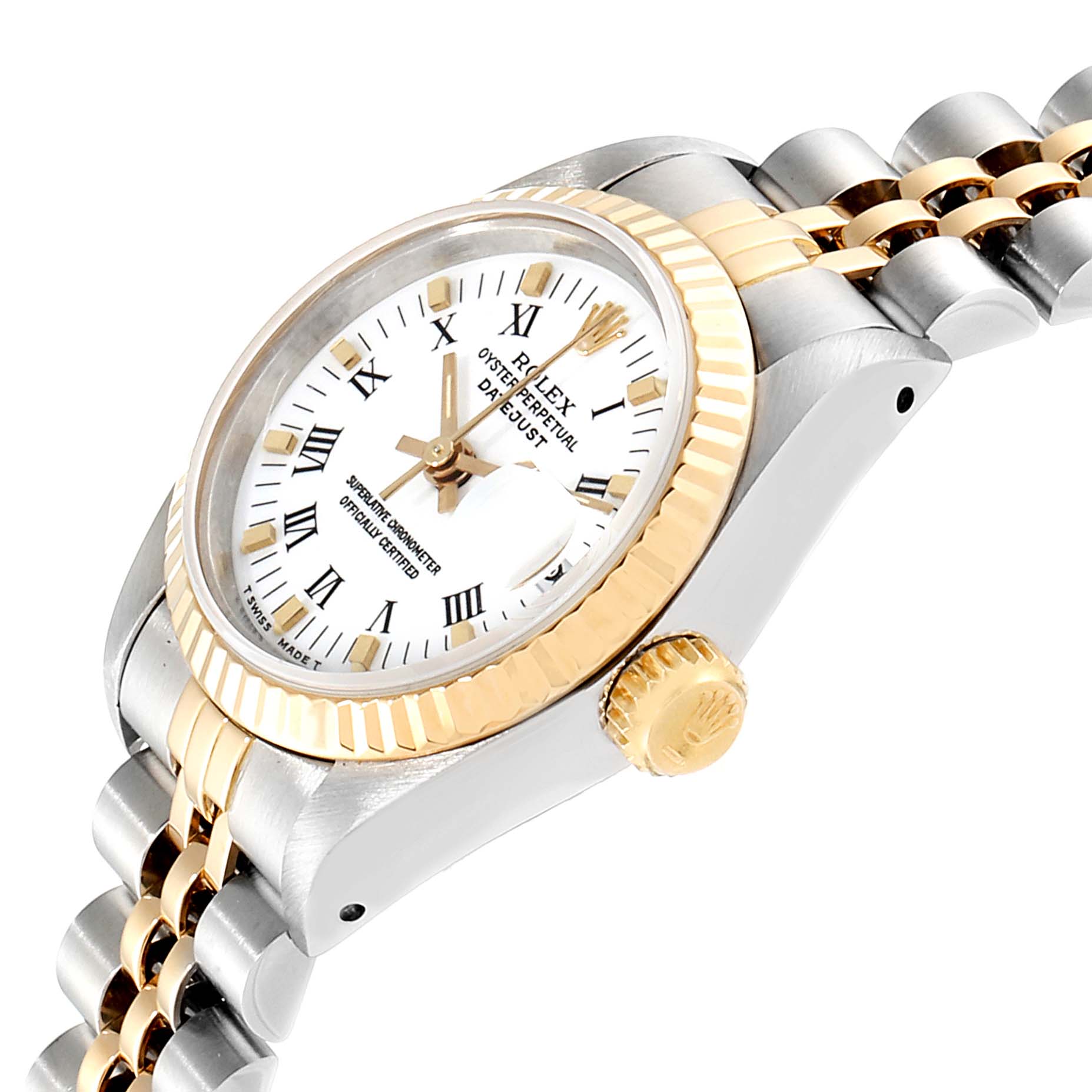 The image shows a Rolex Datejust 69173 Women
s Steel and Gold (two tone) White Dial 69173 Women
s Steel and Gold (two tone) White Dial watch at an angled view, highlighting the dial, crown, and part of the bracelet.