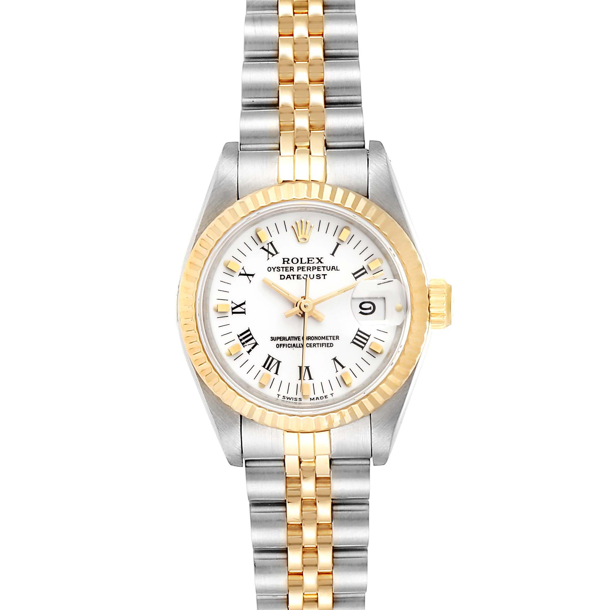 This is a frontal view of a Rolex Datejust 69173 Women
s Steel and Gold (two tone) White Dial 69173 Women
s Steel and Gold (two tone) White Dial watch, showing the dial, bezel, crown, and bracelet.