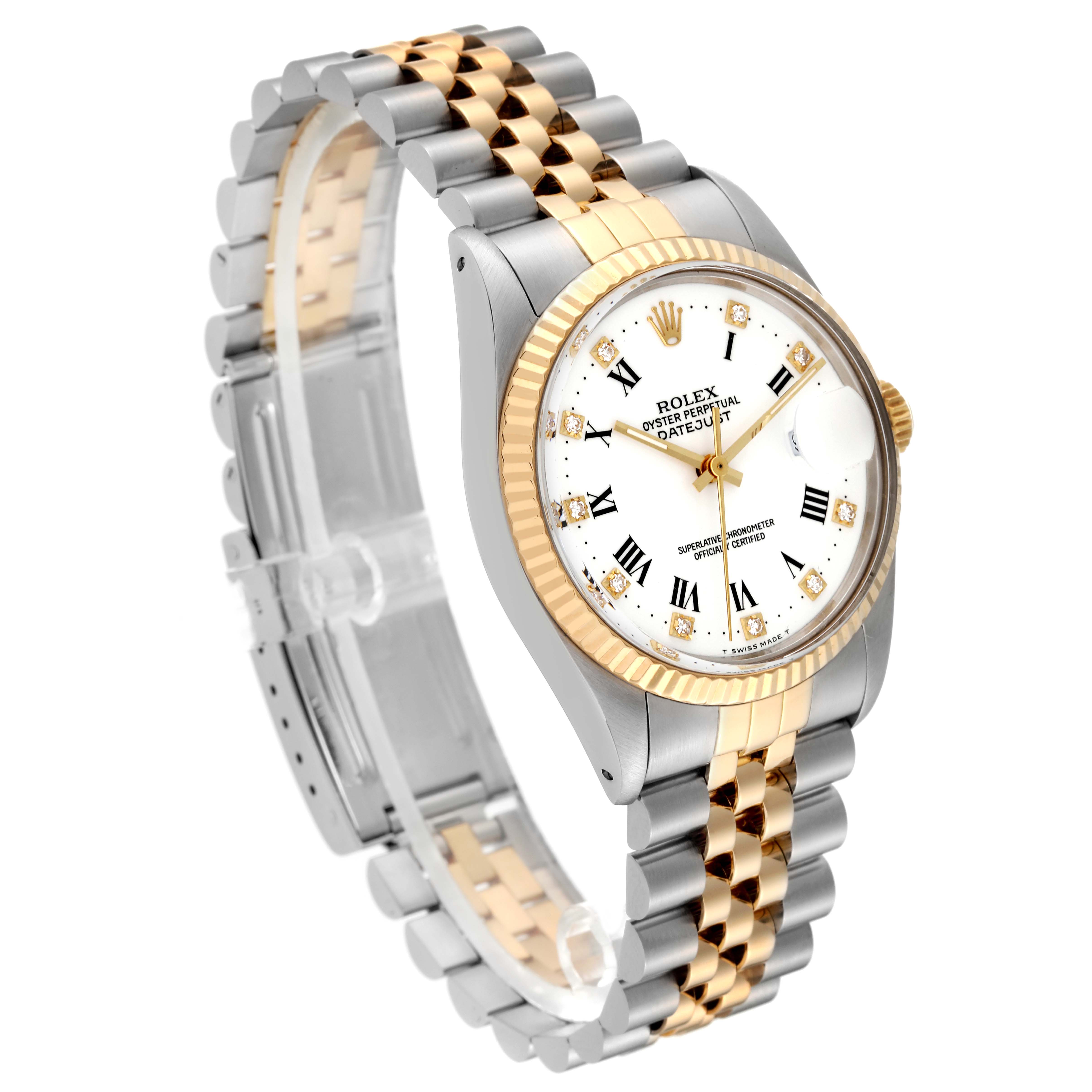 This image shows a close-up frontal view of the Rolex Vintage Collection 16013 Men's Steel and Gold (two tone) White Dial 16013 Men's Steel and Gold (two tone) White Dial model, displaying the dial, bezel, and two-tone bracelet.