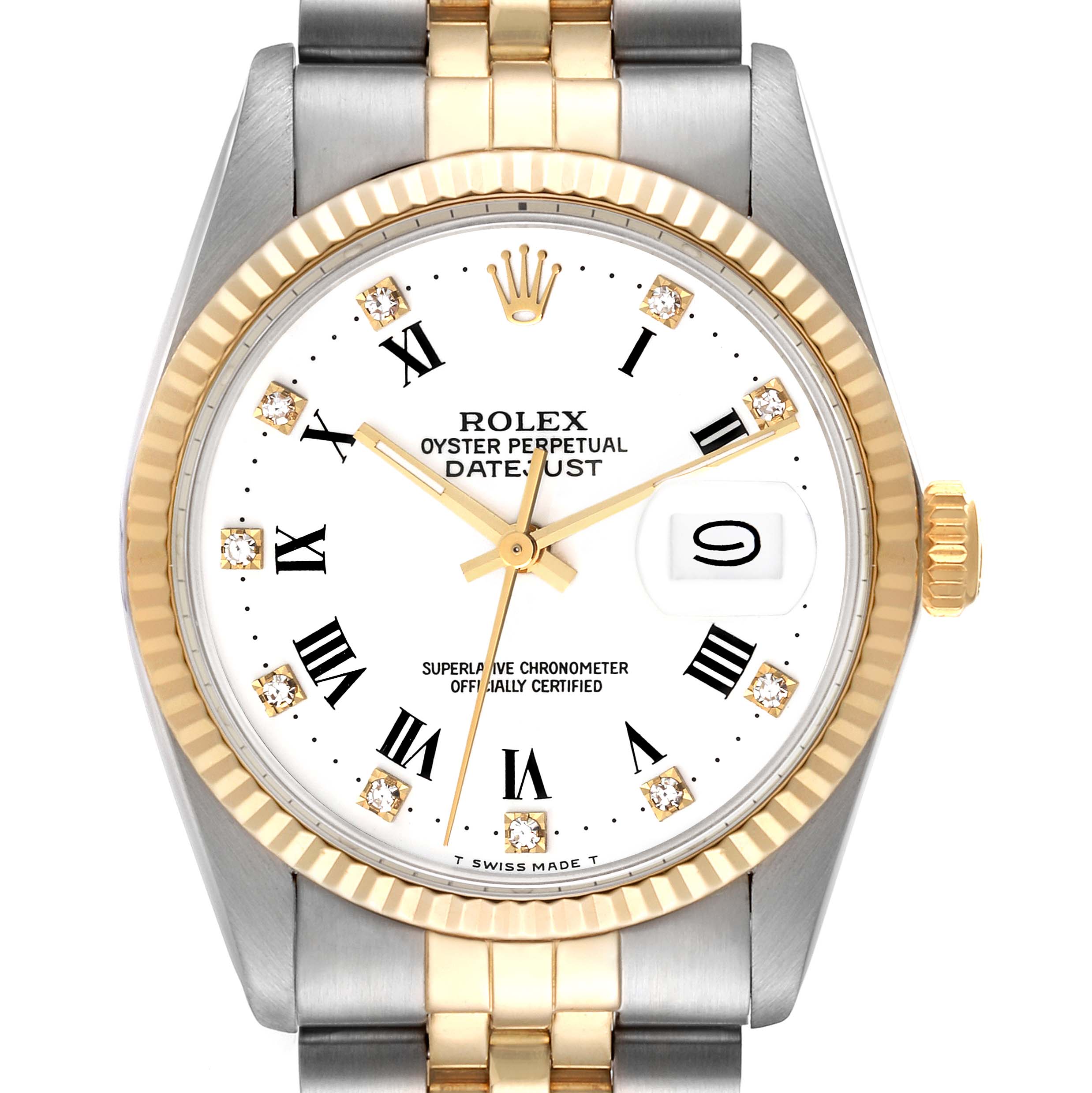 The Rolex Vintage Collection 16013 Men's Steel and Gold (two tone) White Dial 16013 Men's Steel and Gold (two tone) White Dial model displays the face and bracelet, showcasing its date function, Roman numerals, and gold accents.