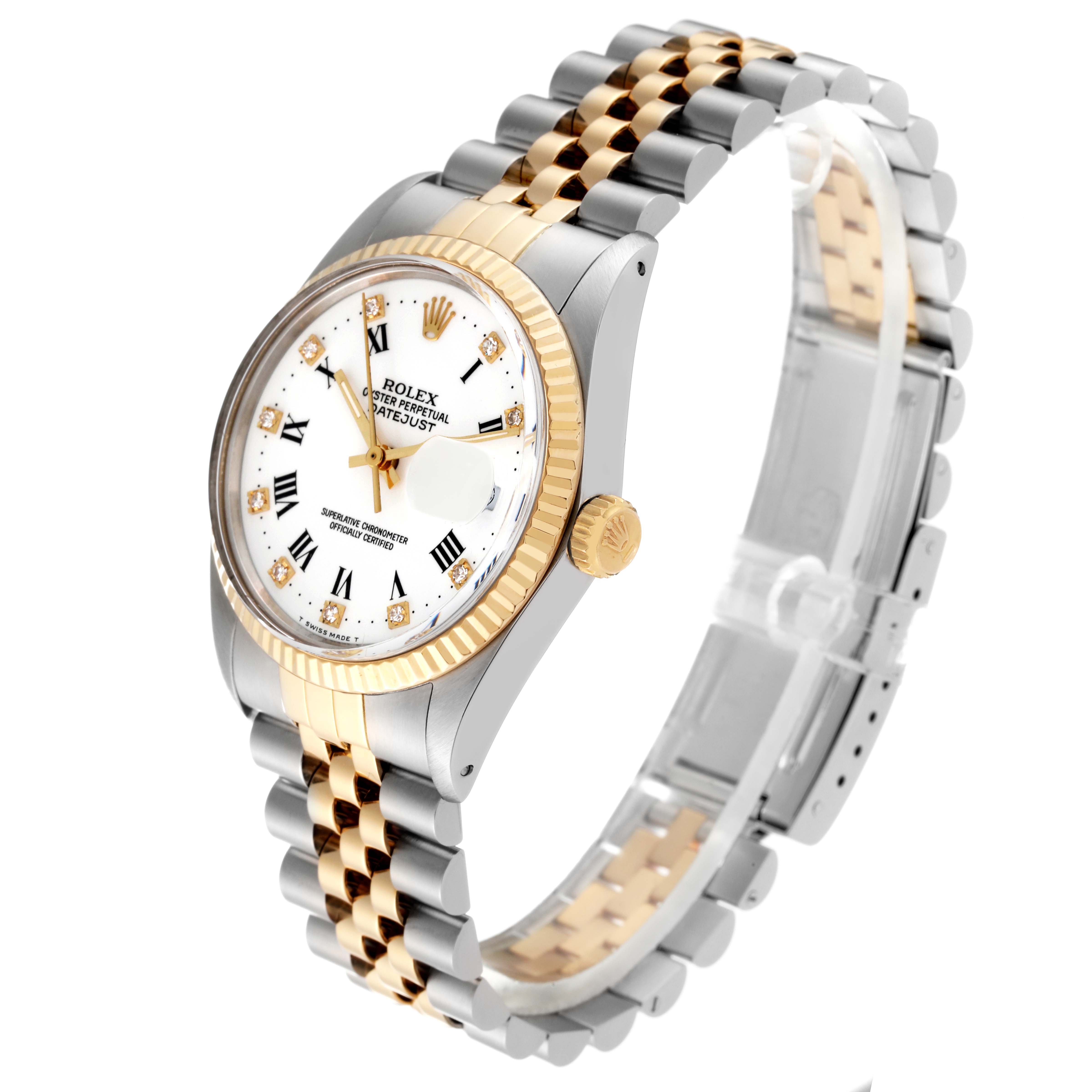 This image shows a Rolex Vintage Collection 16013 Men's Steel and Gold (two tone) White Dial 16013 Men's Steel and Gold (two tone) White Dial model watch at an angled side view, highlighting the face, crown, and bracelet.