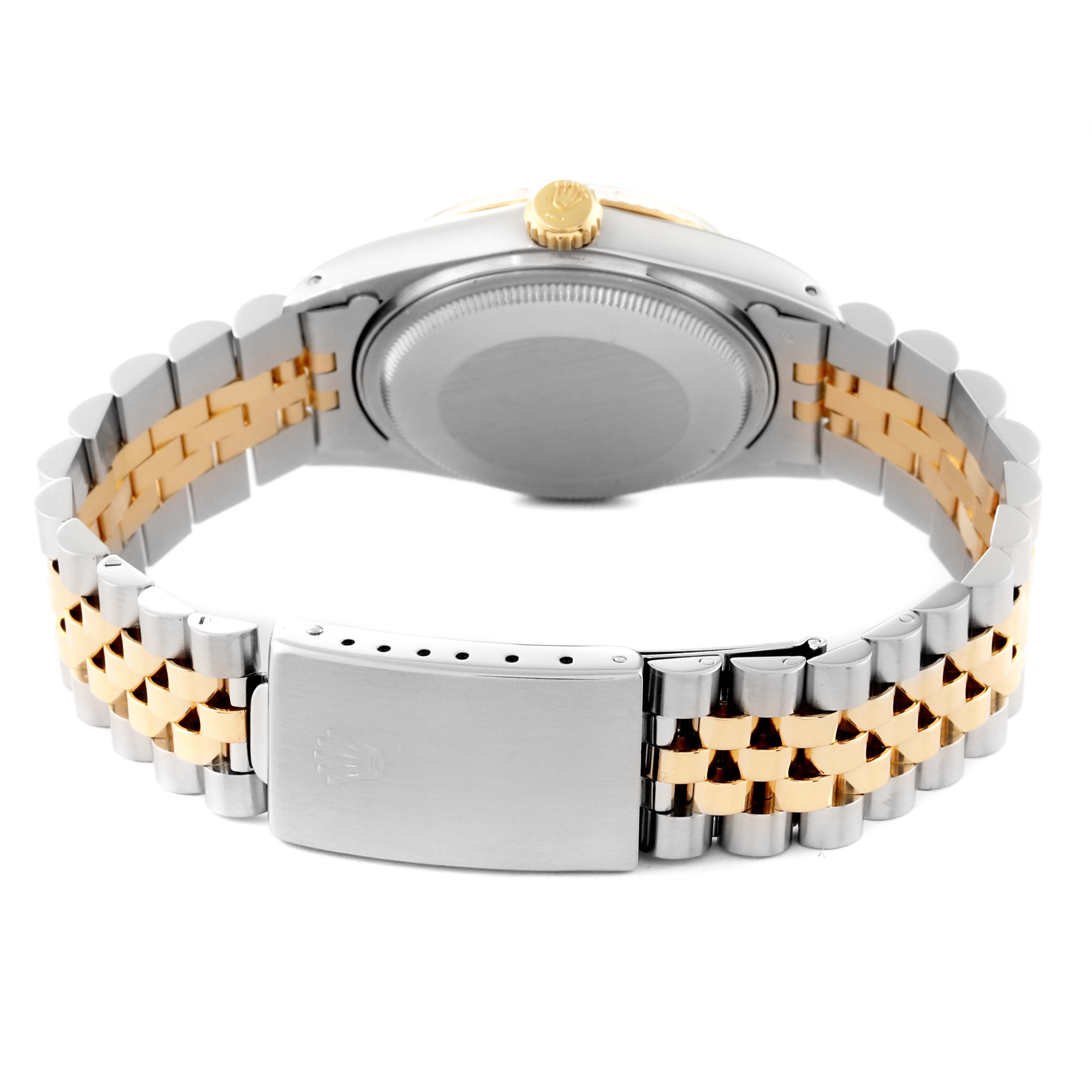 The image shows the back view of a Rolex Vintage Collection 16013 Men's Steel and Gold (two tone) White Dial 16013 Men's Steel and Gold (two tone) White Dial watch, focusing on the clasp and bracelet.