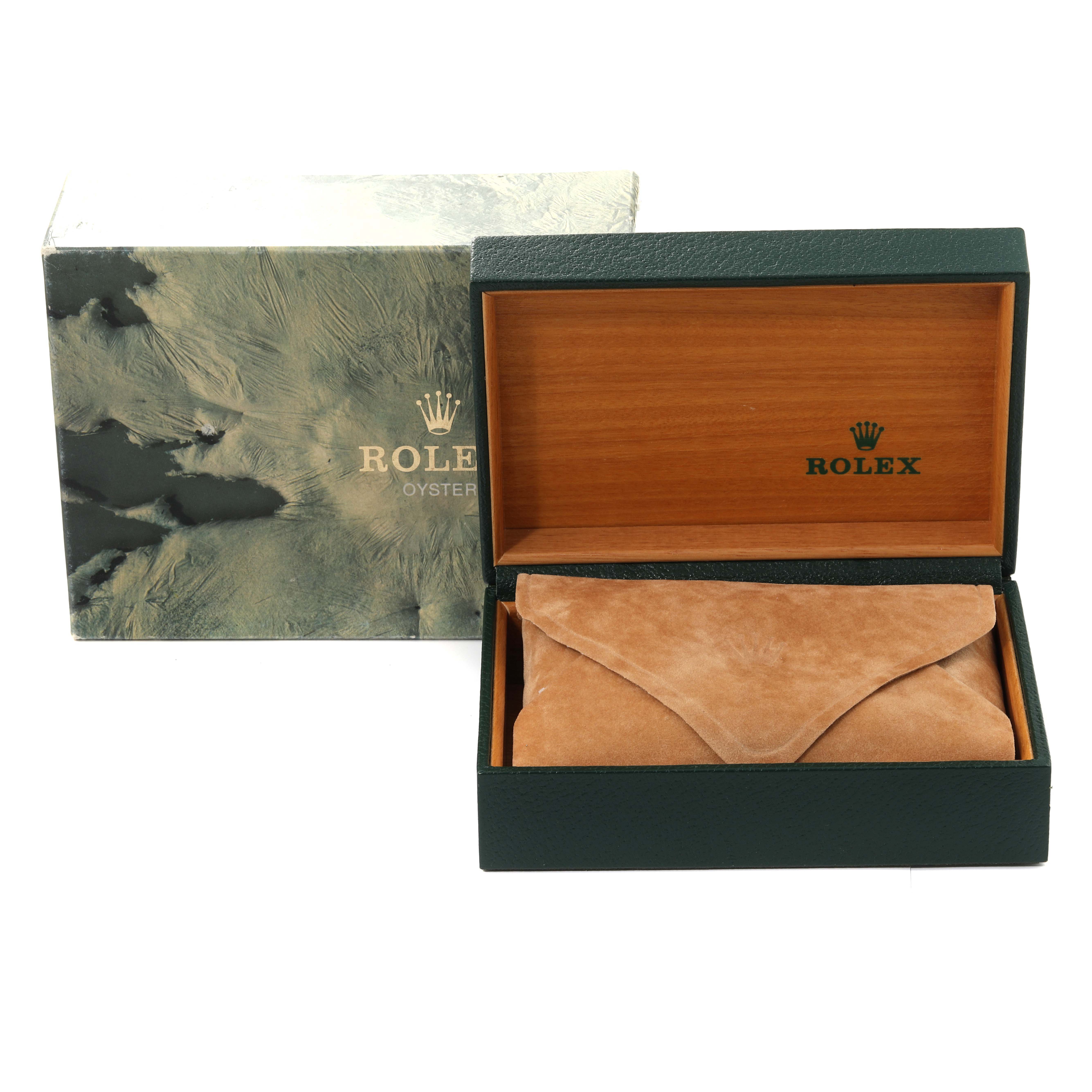 This image shows the box and suede pouch of the Rolex Vintage Collection 16013 Men's Steel and Gold (two tone) White Dial 16013 Men's Steel and Gold (two tone) White Dial watch from a frontal angle.