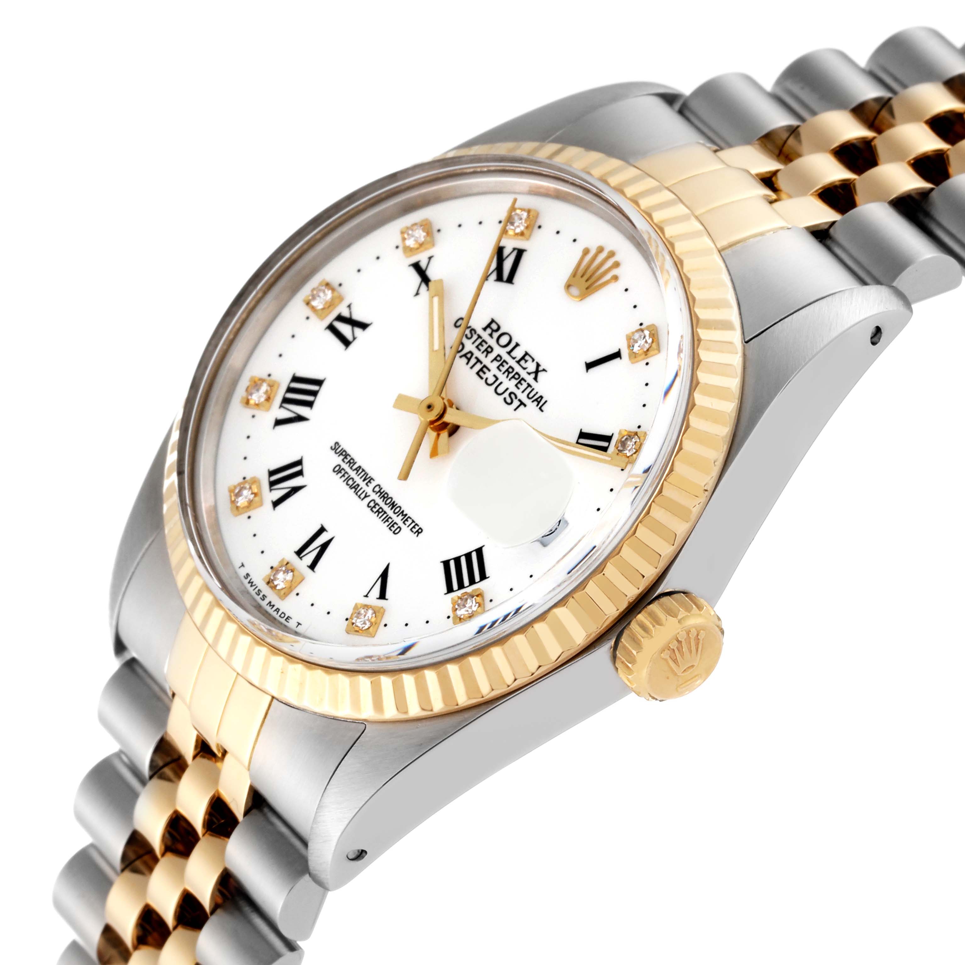 The image shows a close-up angle of the Rolex Vintage Collection 16013 Men's Steel and Gold (two tone) White Dial 16013 Men's Steel and Gold (two tone) White Dial model, highlighting the dial, bezel, crown, and part of the bracelet.