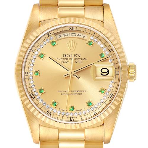 Photo of Rolex Day-Date President Yellow Gold String Diamond Emerald Mens Watch 18238