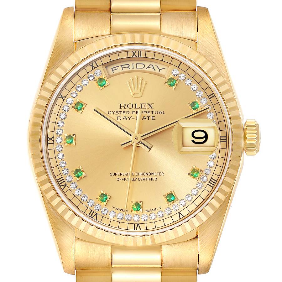 Rolex Day-Date President Yellow Gold String Diamond Emerald Mens Watch 18238 SwissWatchExpo