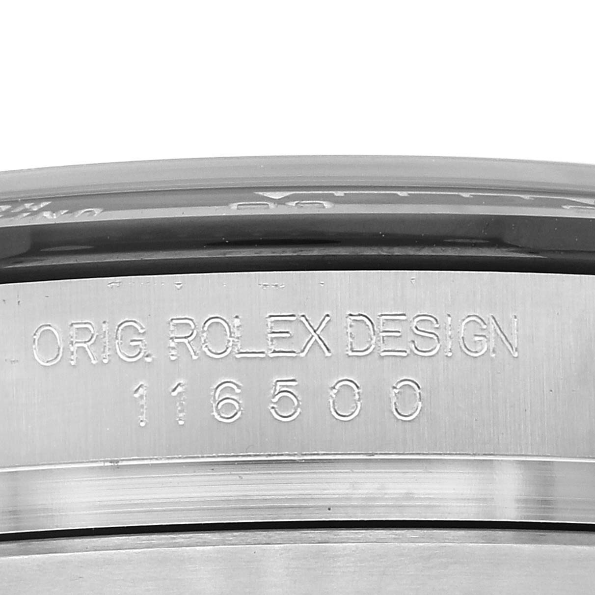 The image shows the side engraving of the Rolex Daytona 116500 Men's Stainless Steel White Dial 116500 Men's Stainless Steel White Dial model, featuring the "ORIG. ROLEX DESIGN 116500" inscription.