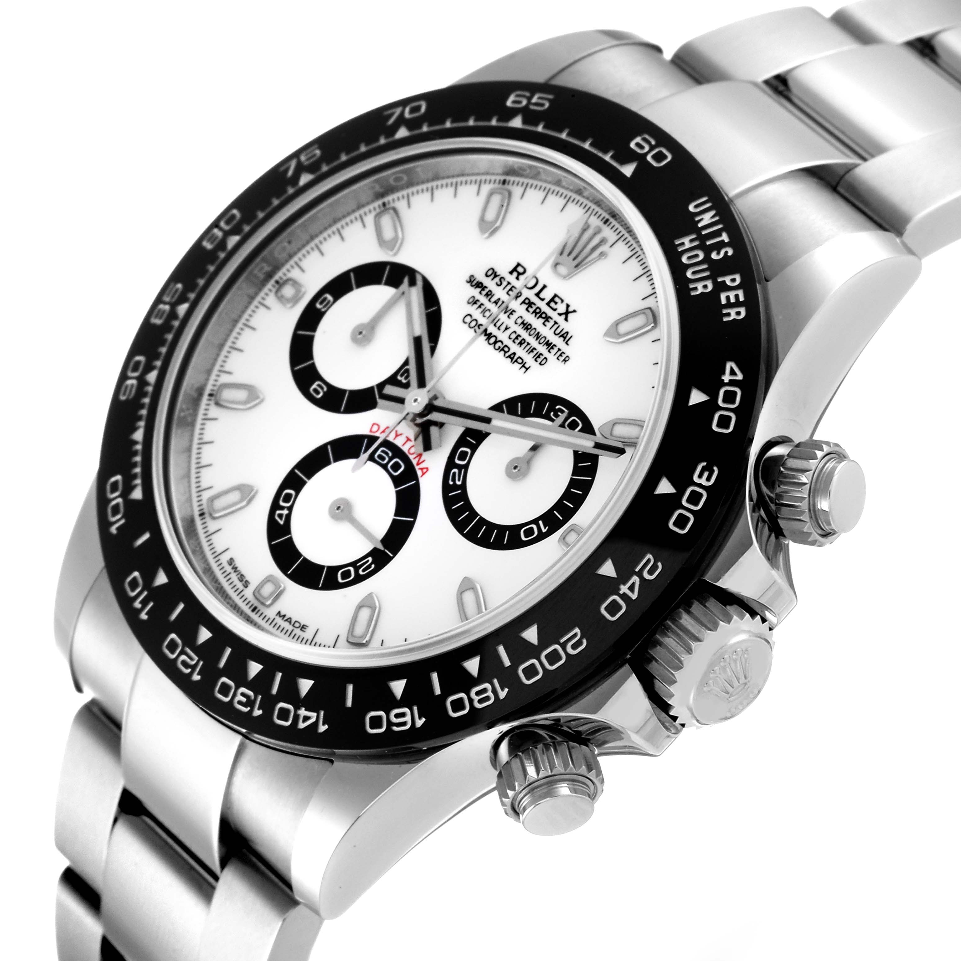 This image shows a close-up angle of a Rolex Daytona 116500 Men's Stainless Steel White Dial 116500 Men's Stainless Steel White Dial watch, highlighting the dial, chronograph subdials, bezel, and pushers.