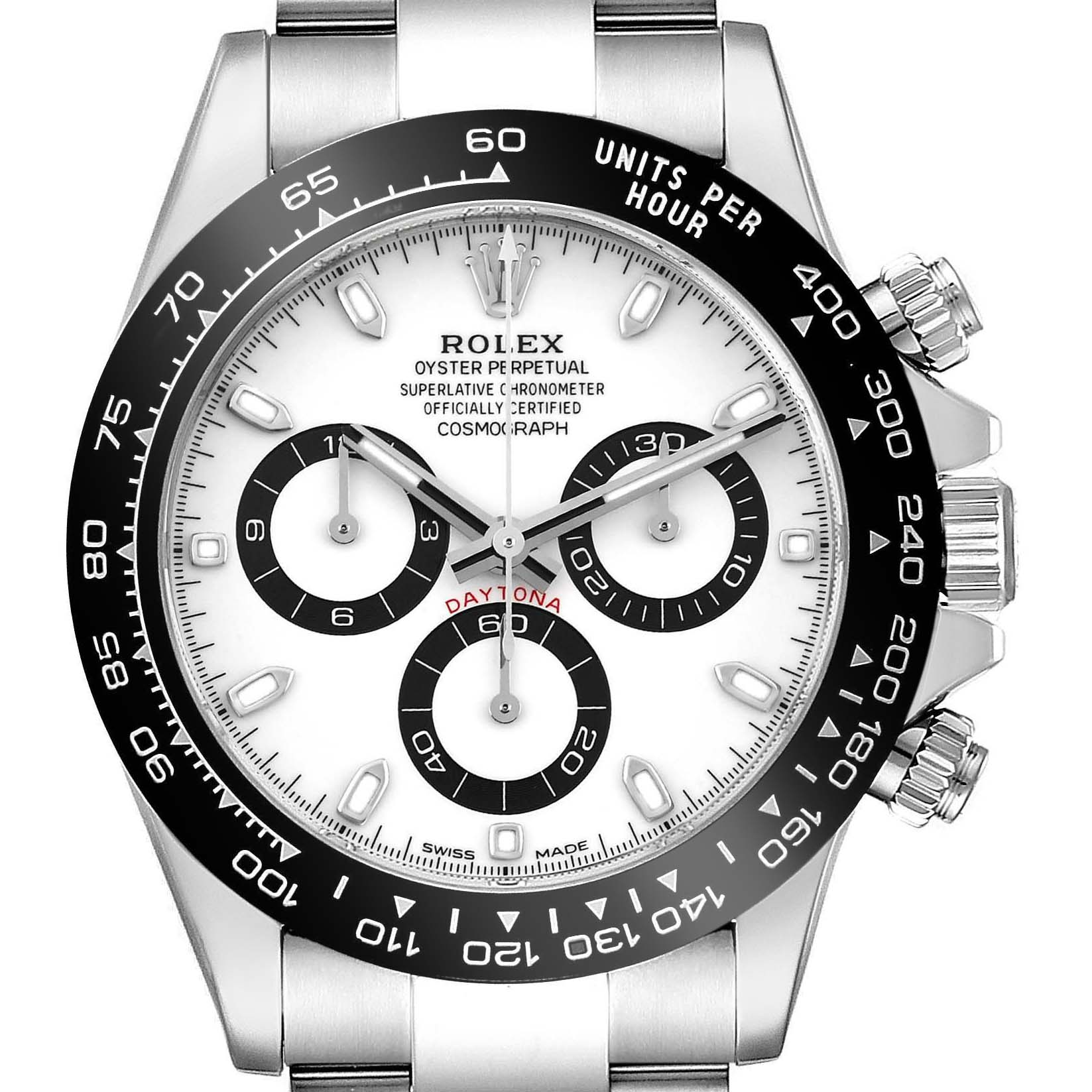 This image shows a frontal view of the Rolex Daytona 116500 Men's Stainless Steel White Dial 116500 Men's Stainless Steel White Dial watch, displaying its dial, bezel, and chronograph subdials.