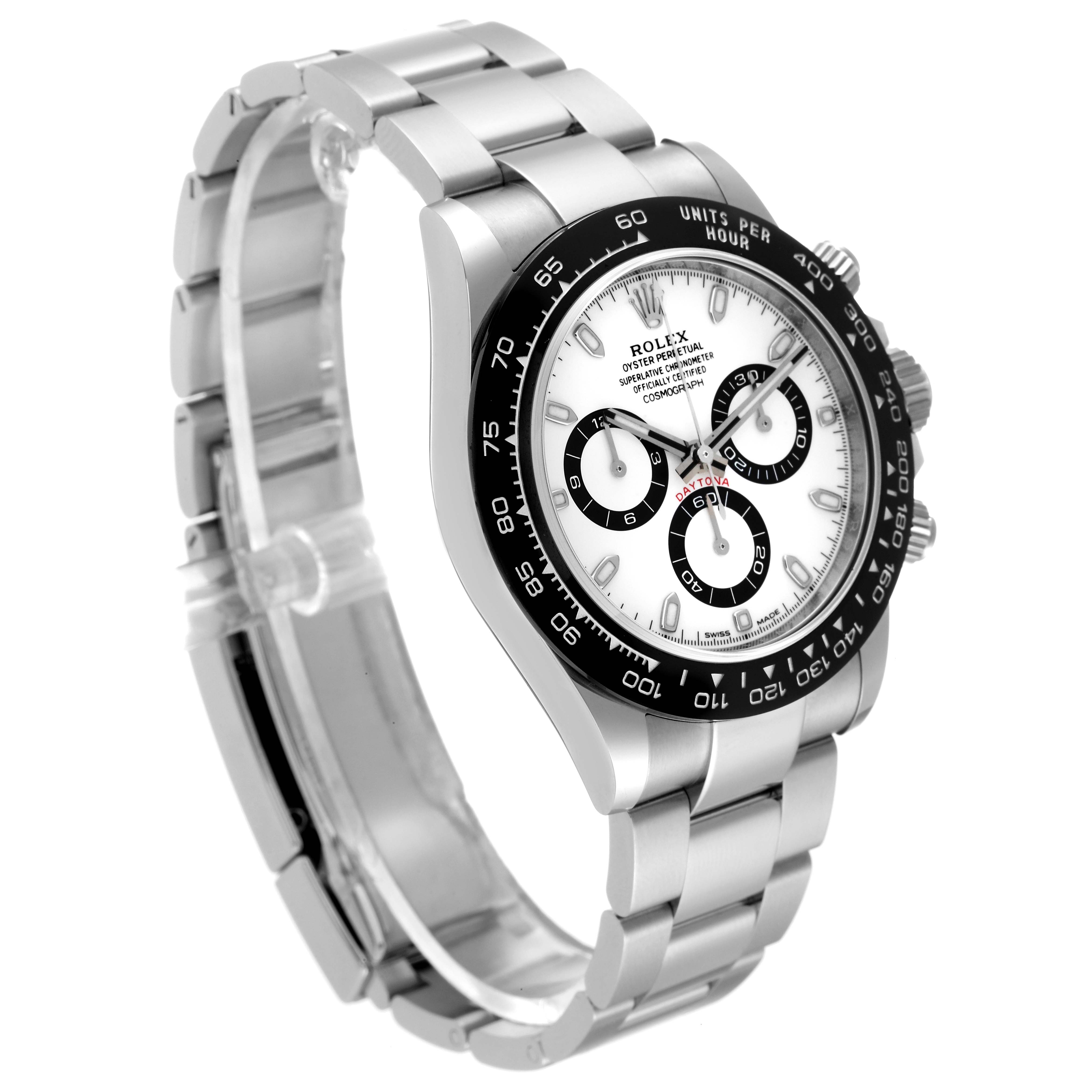 The image shows a side angle of the Rolex Daytona 116500 Men's Stainless Steel White Dial 116500 Men's Stainless Steel White Dial watch, featuring the face, bezel, crown, and metal bracelet.