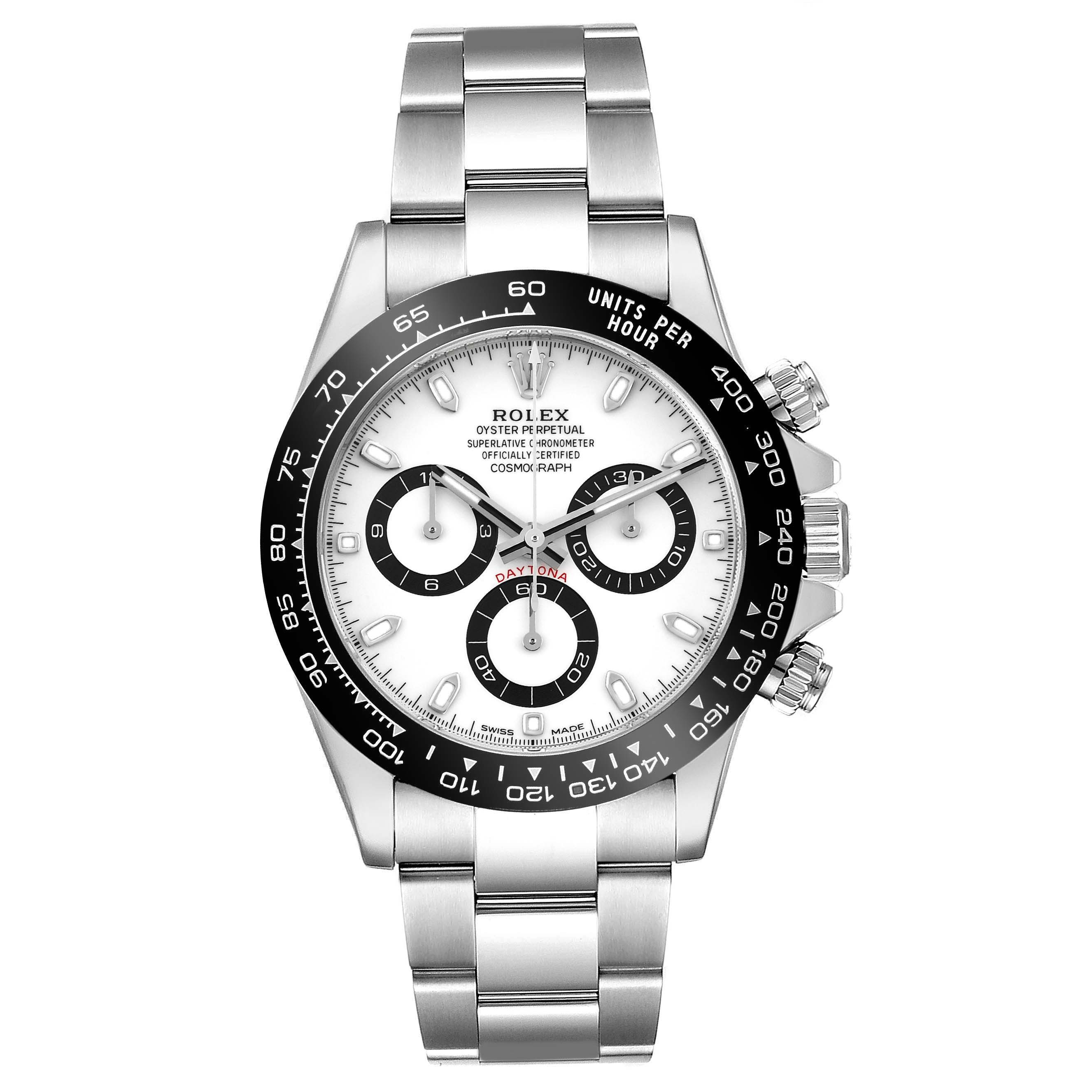This Rolex Daytona 116500 Men's Stainless Steel White Dial 116500 Men's Stainless Steel White Dial watch is shown from a front angle, displaying its dial, bezel, chronograph subdials, and bracelet in full detail.