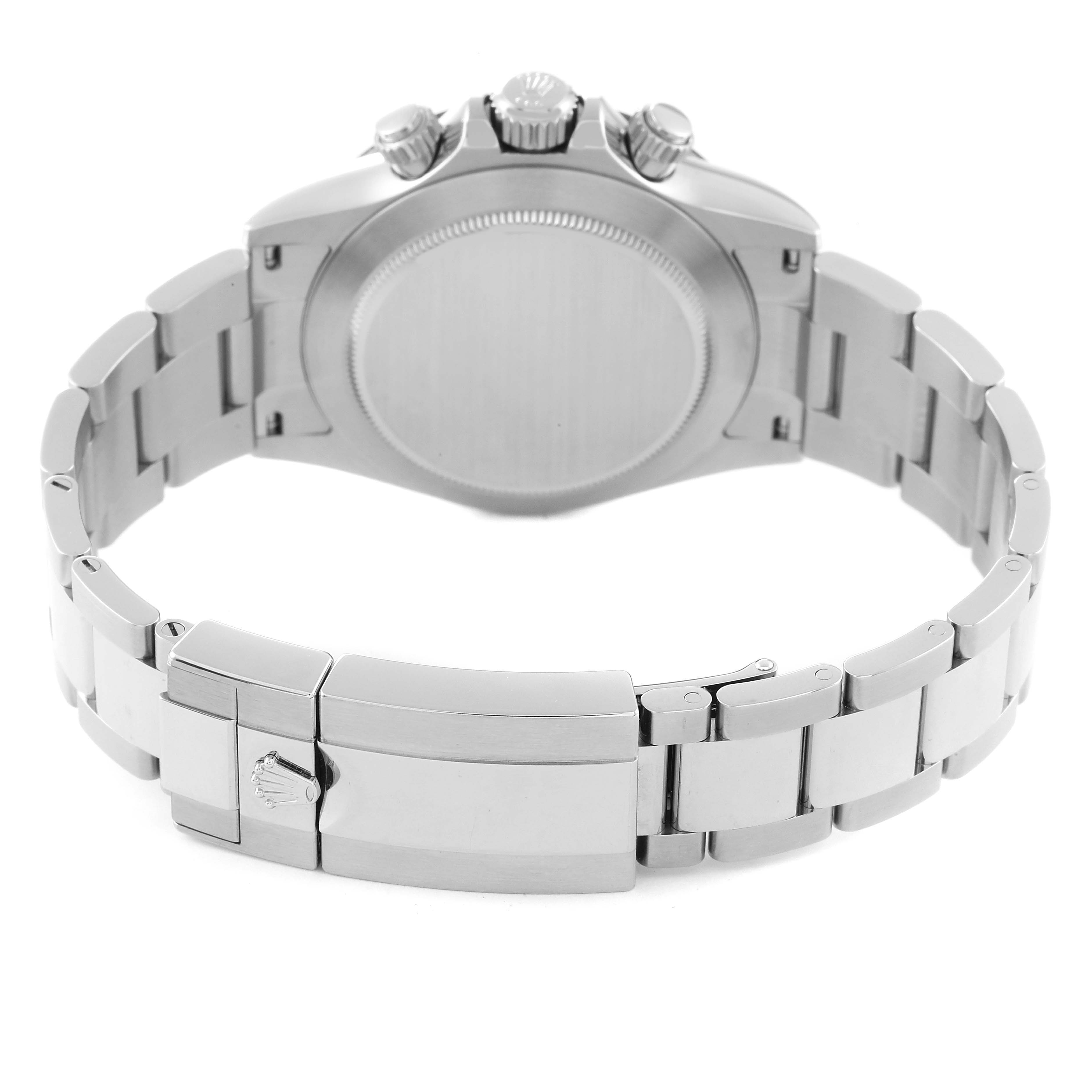 This image shows the back view of a Rolex Daytona 116500 Men's Stainless Steel White Dial 116500 Men's Stainless Steel White Dial watch, highlighting its clasp and bracelet.