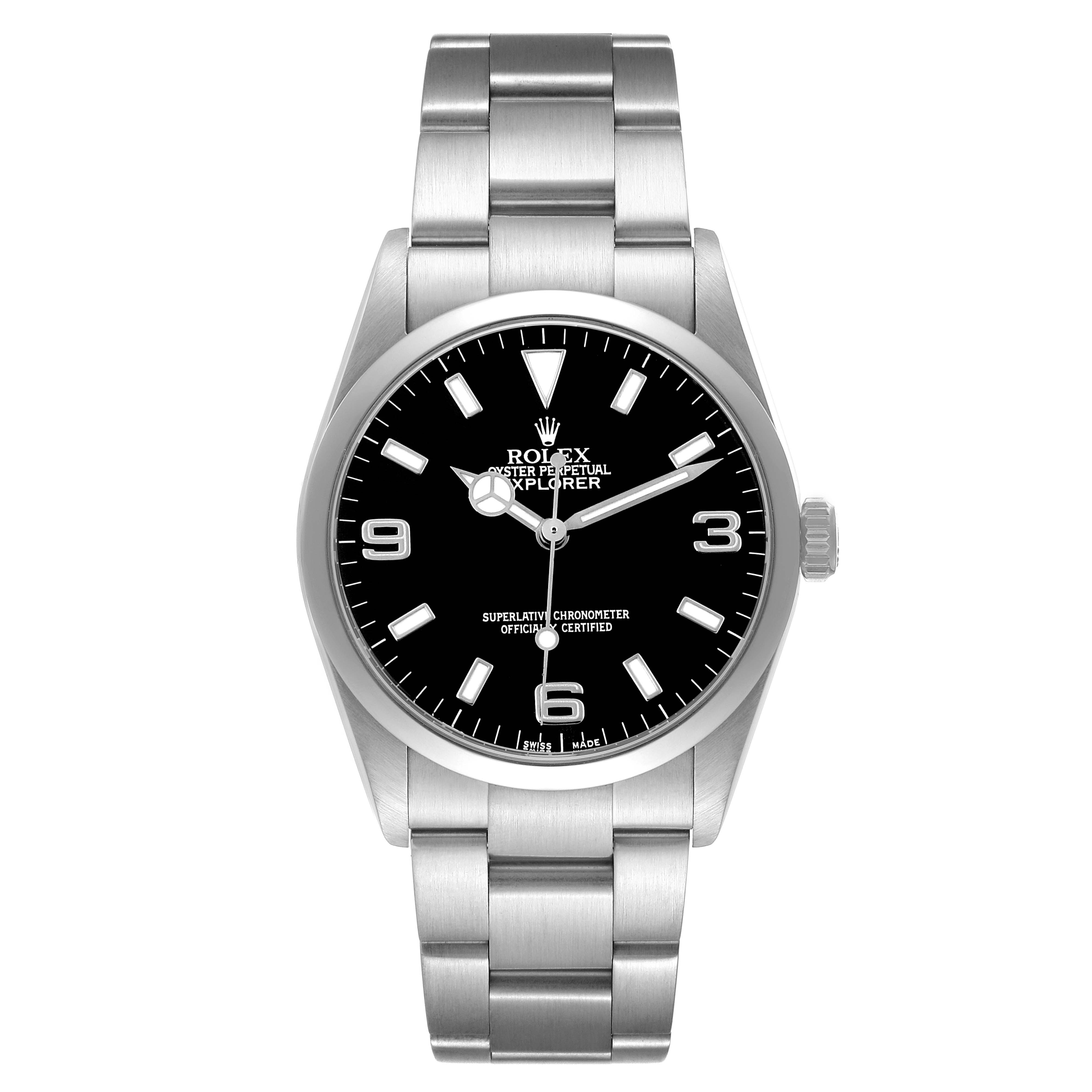 The Rolex Explorer 114270 Men's Stainless Steel Black Dial watch is shown from a front angle, displaying its face, bezel, and bracelet.