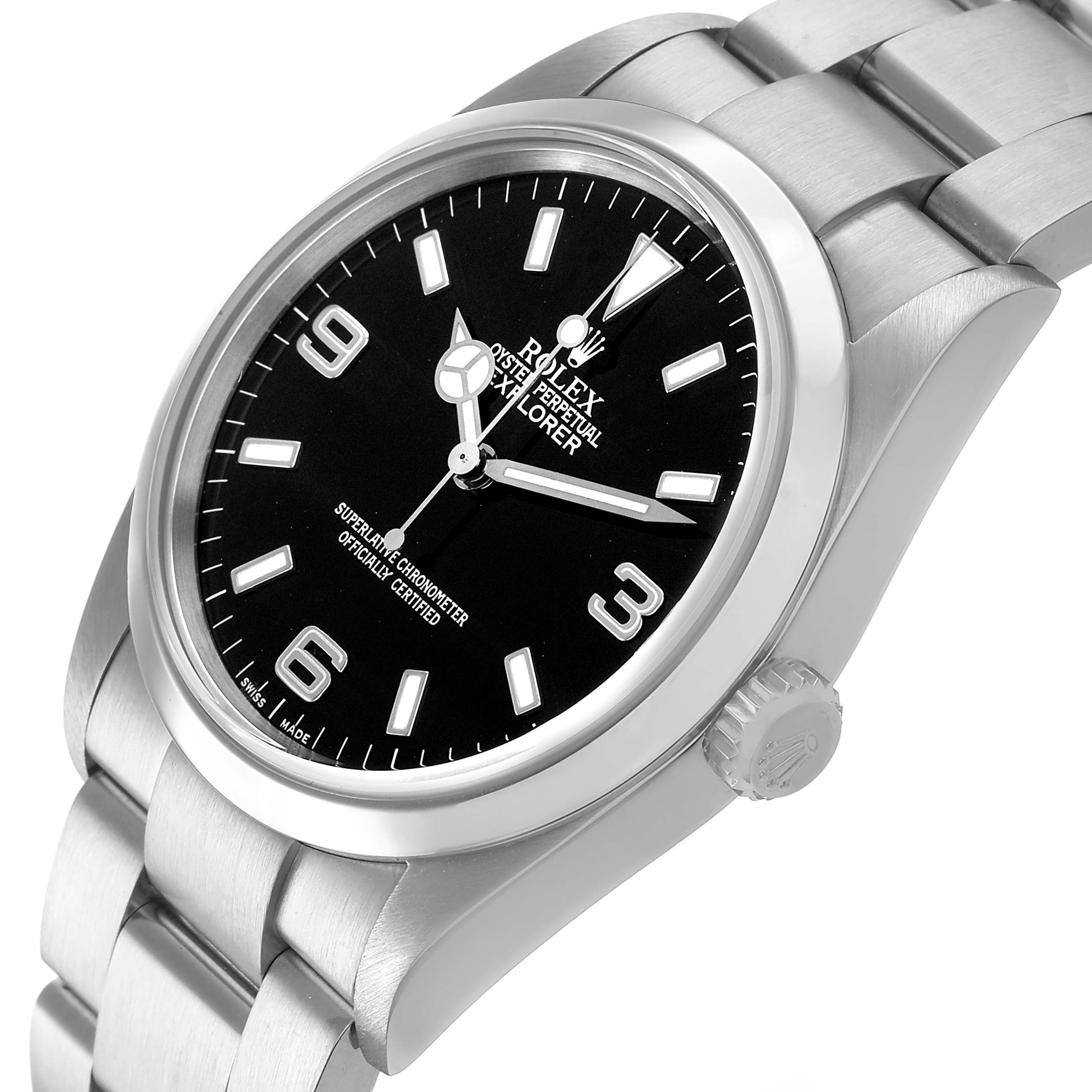 The Rolex Explorer 114270 Men's Stainless Steel Black Dial watch is shown at an angled close-up, displaying the black dial, numerals, and stainless steel bracelet.