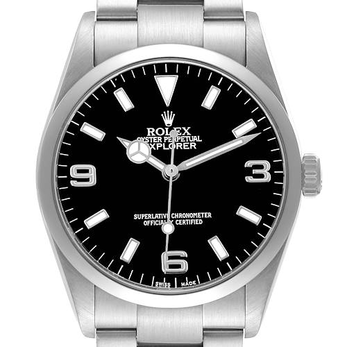 The Rolex Explorer 114270 Men's Stainless Steel Black Dial watch is shown from the front, displaying its face, bezel, crown, and part of the bracelet.