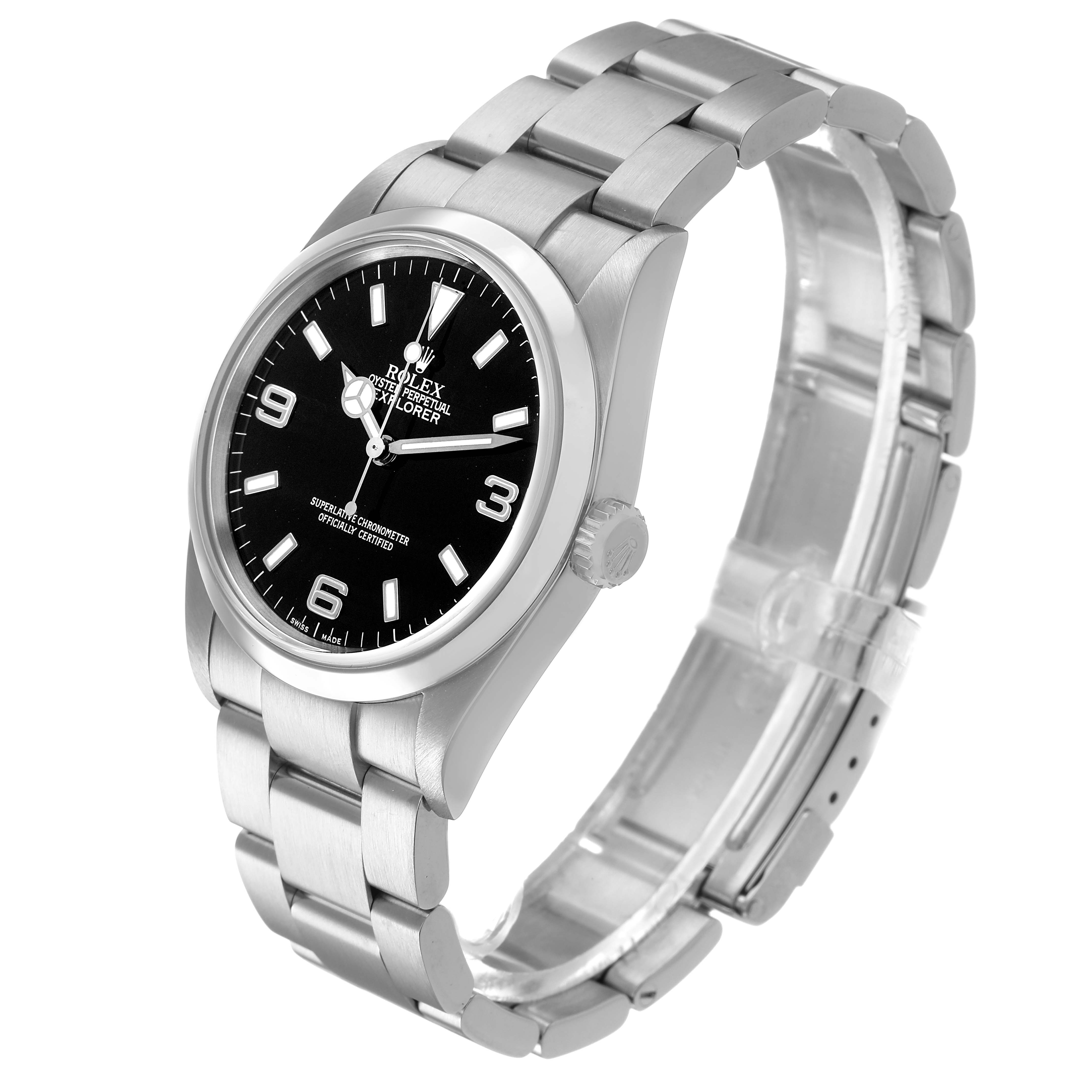 The Rolex Explorer 114270 Men's Stainless Steel Black Dial watch is shown at a three-quarter angle, displaying the face, bezel, crown, and metal bracelet.