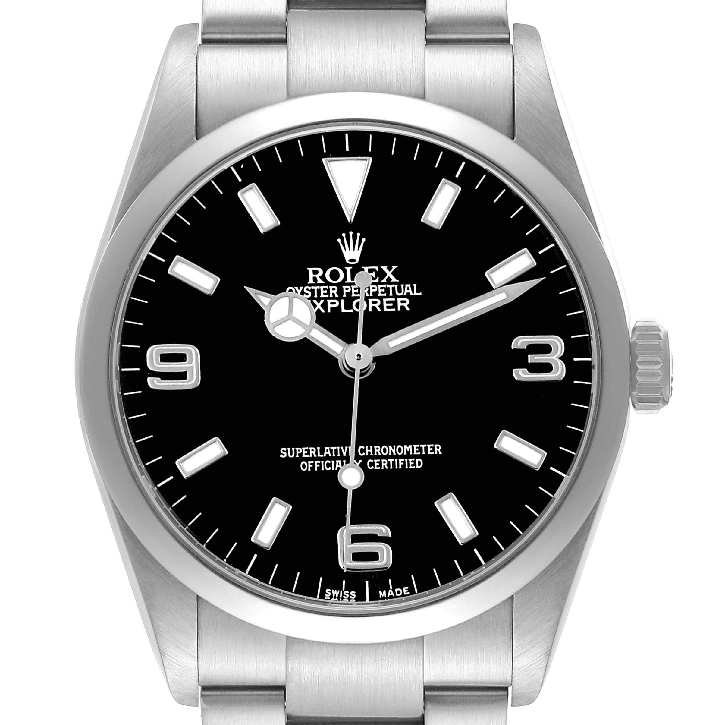 The image shows a front view of the Rolex Explorer 114270 Men's Stainless Steel Black Dial watch, highlighting its face, bezel, crown, and part of the bracelet.