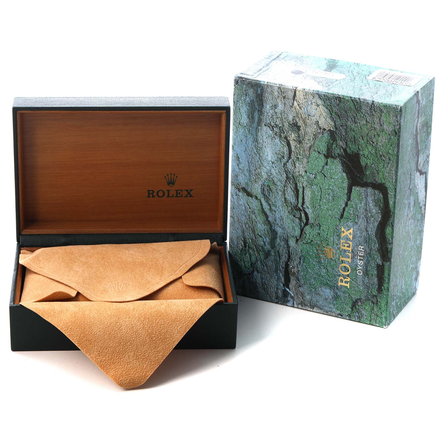 The image shows the packaging for a Rolex Explorer 114270 Men's Stainless Steel Black Dial, featuring an open wooden box with a suede pouch inside and a decorative outer box.