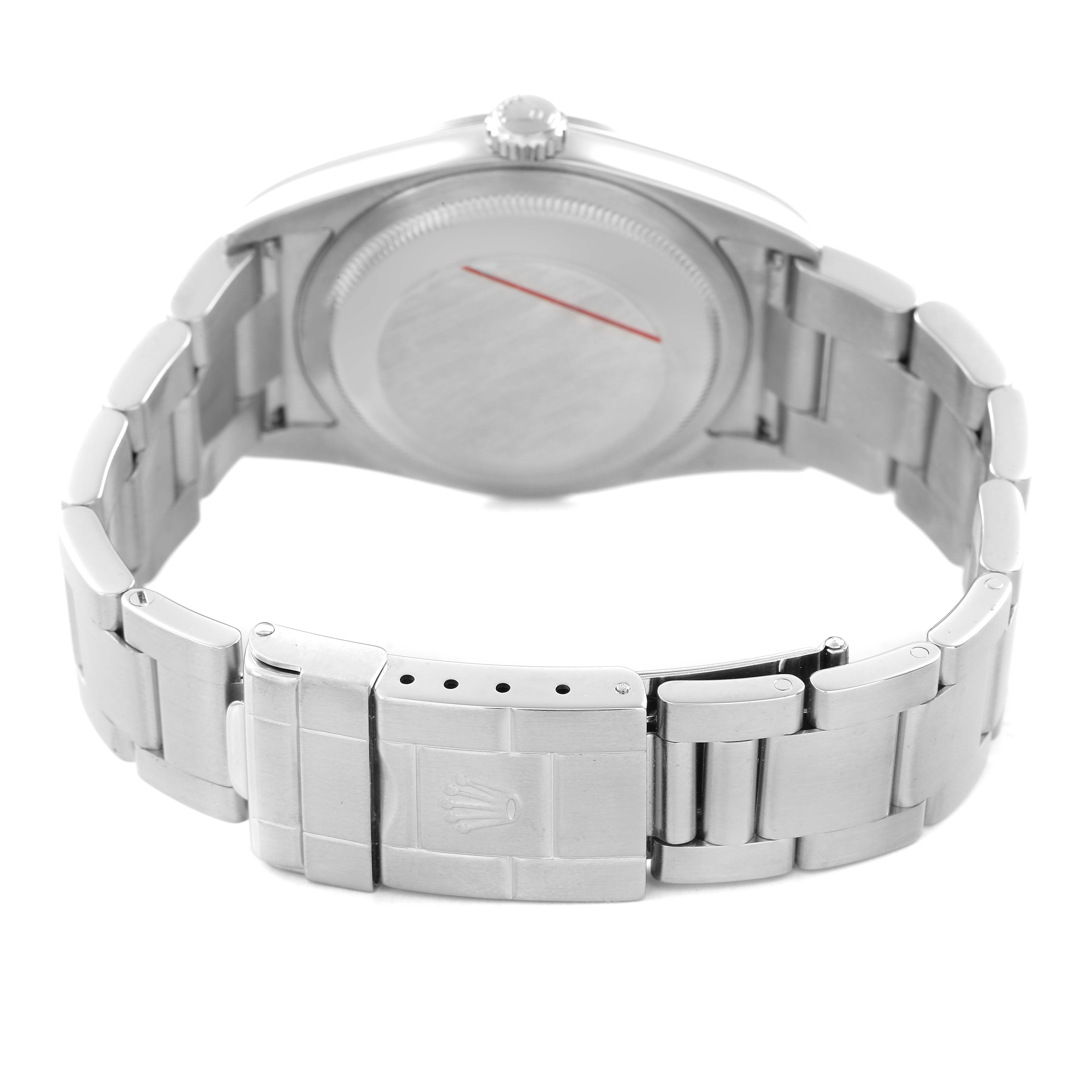 The image shows the back and bracelet of a Rolex Explorer 114270 Men's Stainless Steel Black Dial, highlighting the clasp and case back.