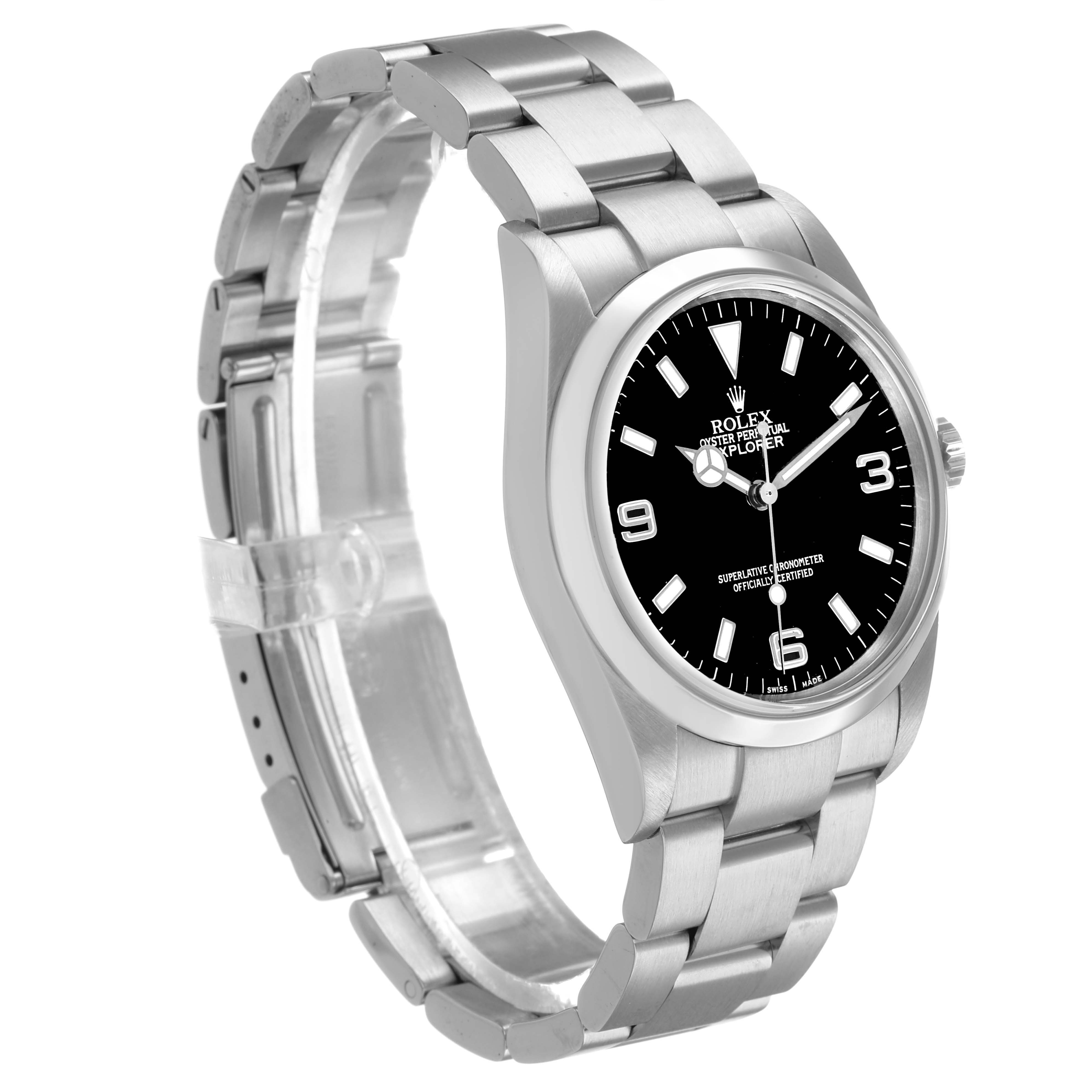 The Rolex Explorer 114270 Men's Stainless Steel Black Dial watch is shown at a three-quarter angle, highlighting the black dial, silver bezel, crown, and bracelet.