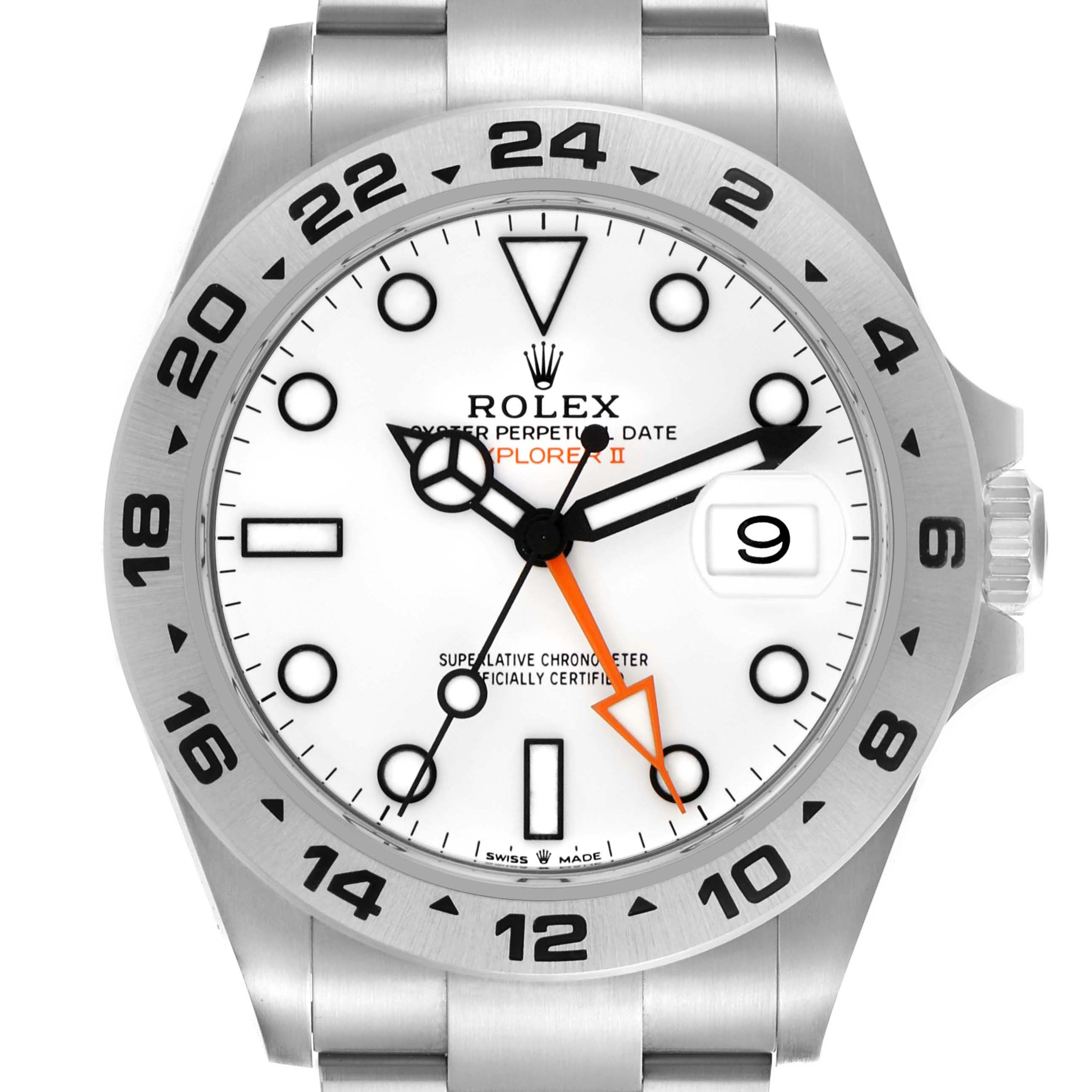 The Rolex Explorer 226570 Men's Stainless Steel White Dial 226570 Men's Stainless Steel White Dial watch is shown from a front angle, highlighting the dial, bezel, and crown.