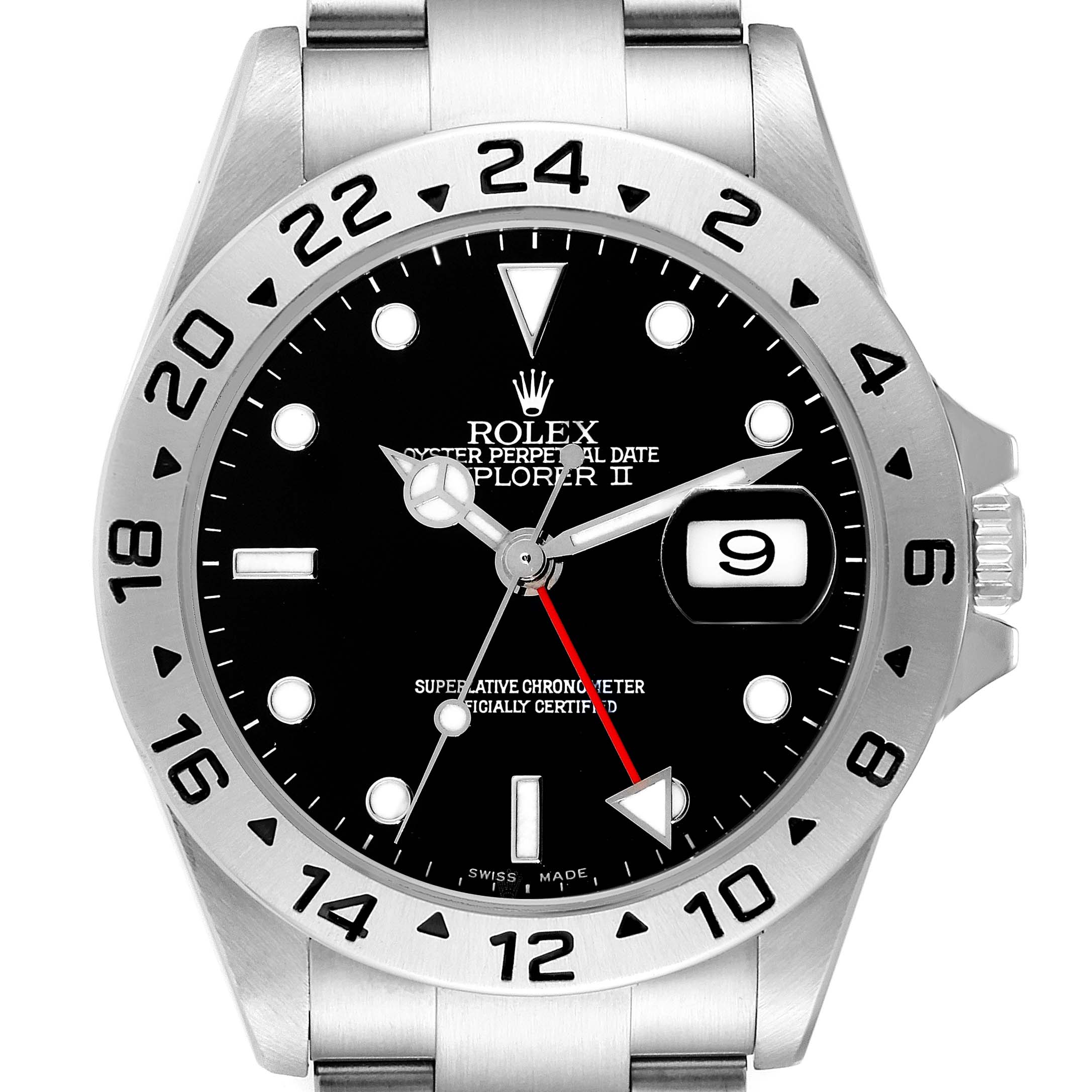 The Rolex Explorer 16570 Men
s Stainless Steel Black Dial 16570 Men
s Stainless Steel Black Dial watch is shown from a top-down angle, highlighting its black dial, date window, and bezel with 24-hour markings.