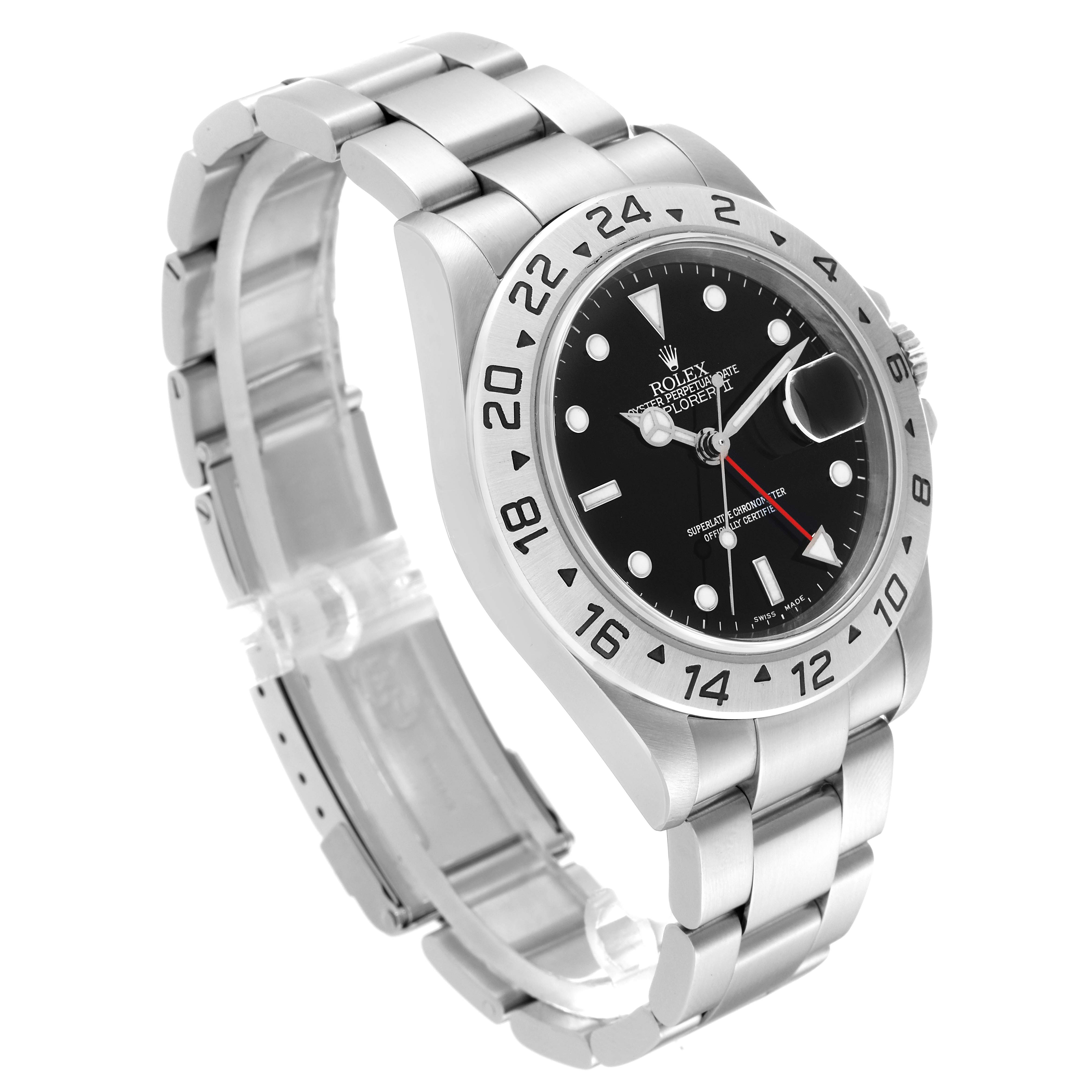 The Rolex Explorer 16570 Men
s Stainless Steel Black Dial 16570 Men
s Stainless Steel Black Dial watch is shown at an oblique angle, displaying its face, bezel, and part of the bracelet.