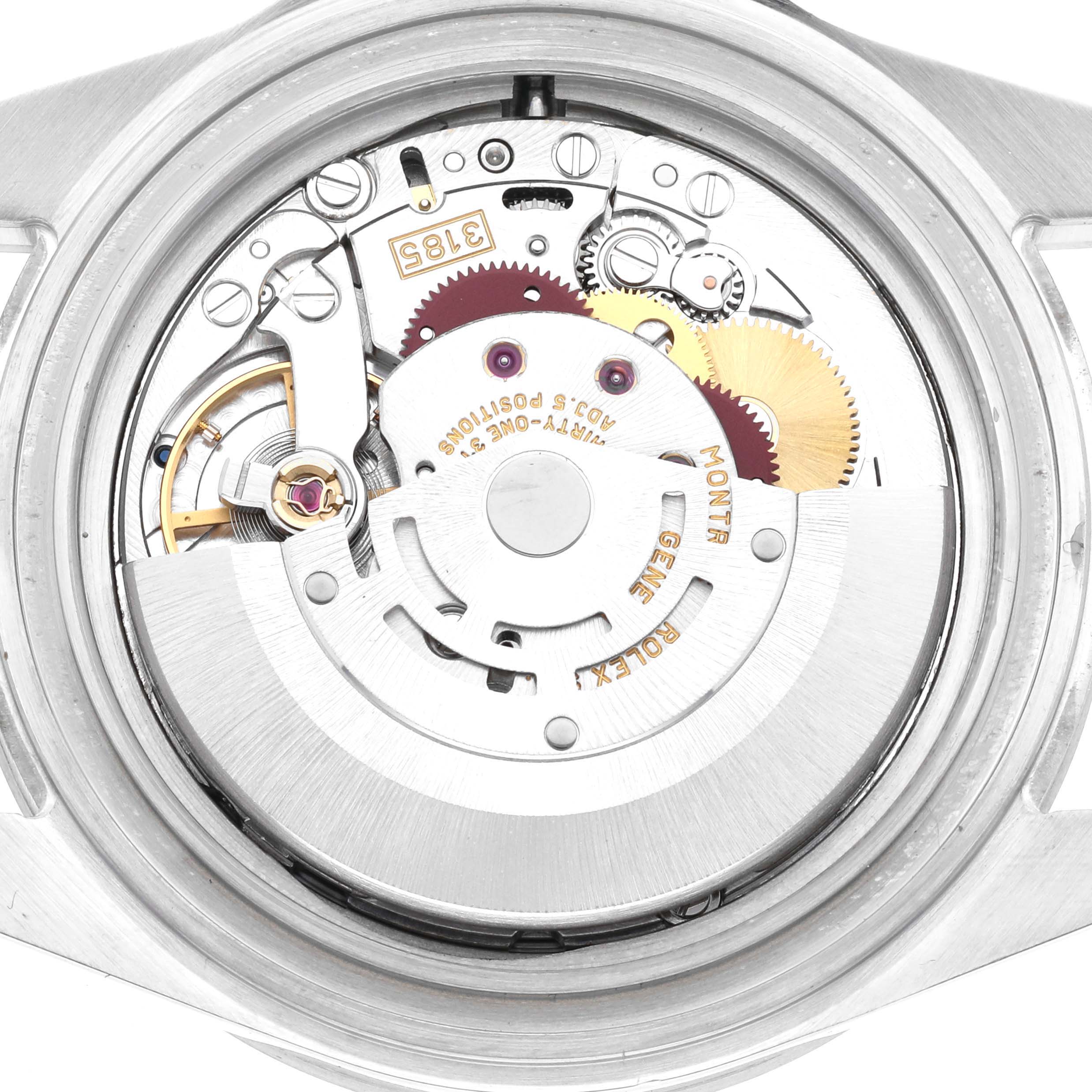 This image shows the detailed mechanical movement of a Rolex Explorer 16570 Men
s Stainless Steel Black Dial 16570 Men
s Stainless Steel Black Dial watch viewed from the back case.