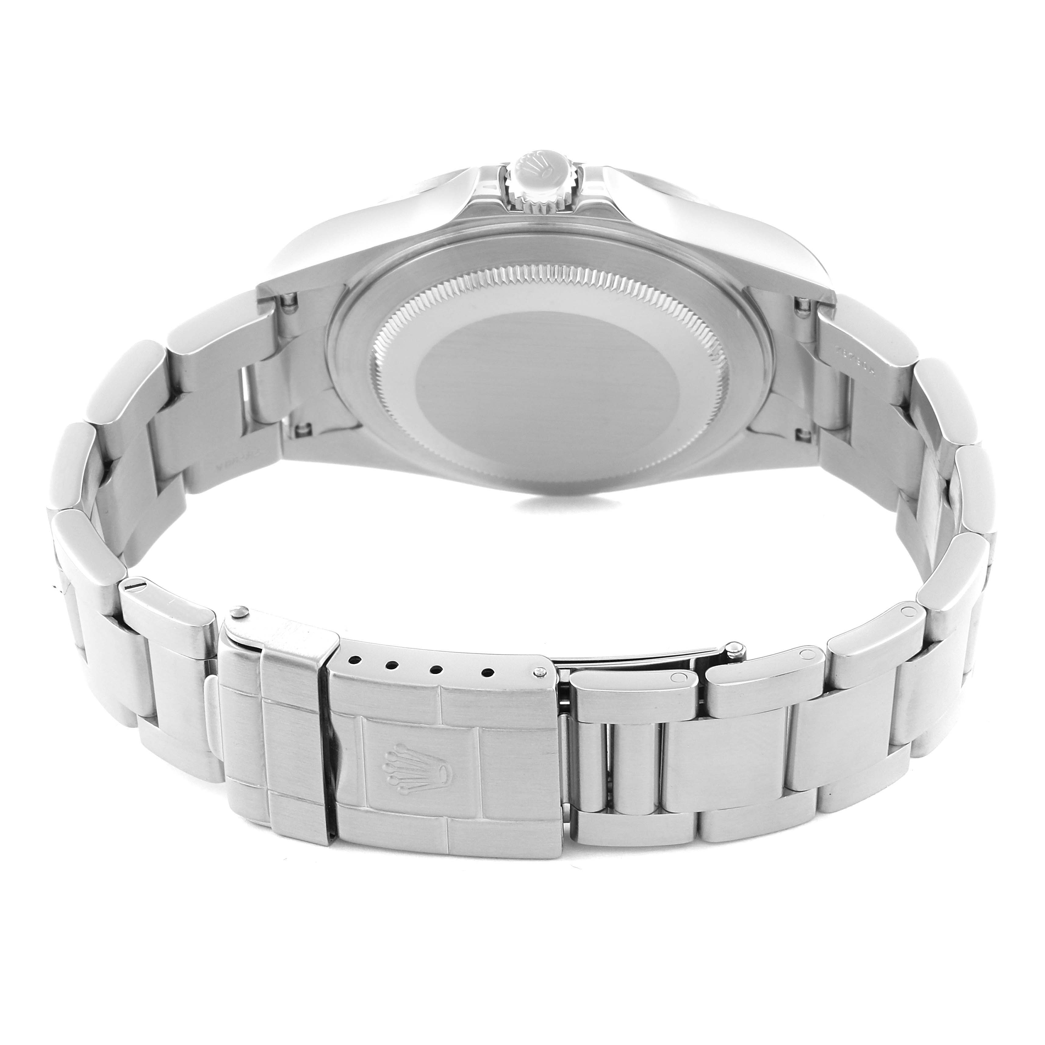 The image shows the back side and clasp of a Rolex Explorer 16570 Men
s Stainless Steel Black Dial 16570 Men
s Stainless Steel Black Dial watch, displaying its stainless steel bracelet and case back.