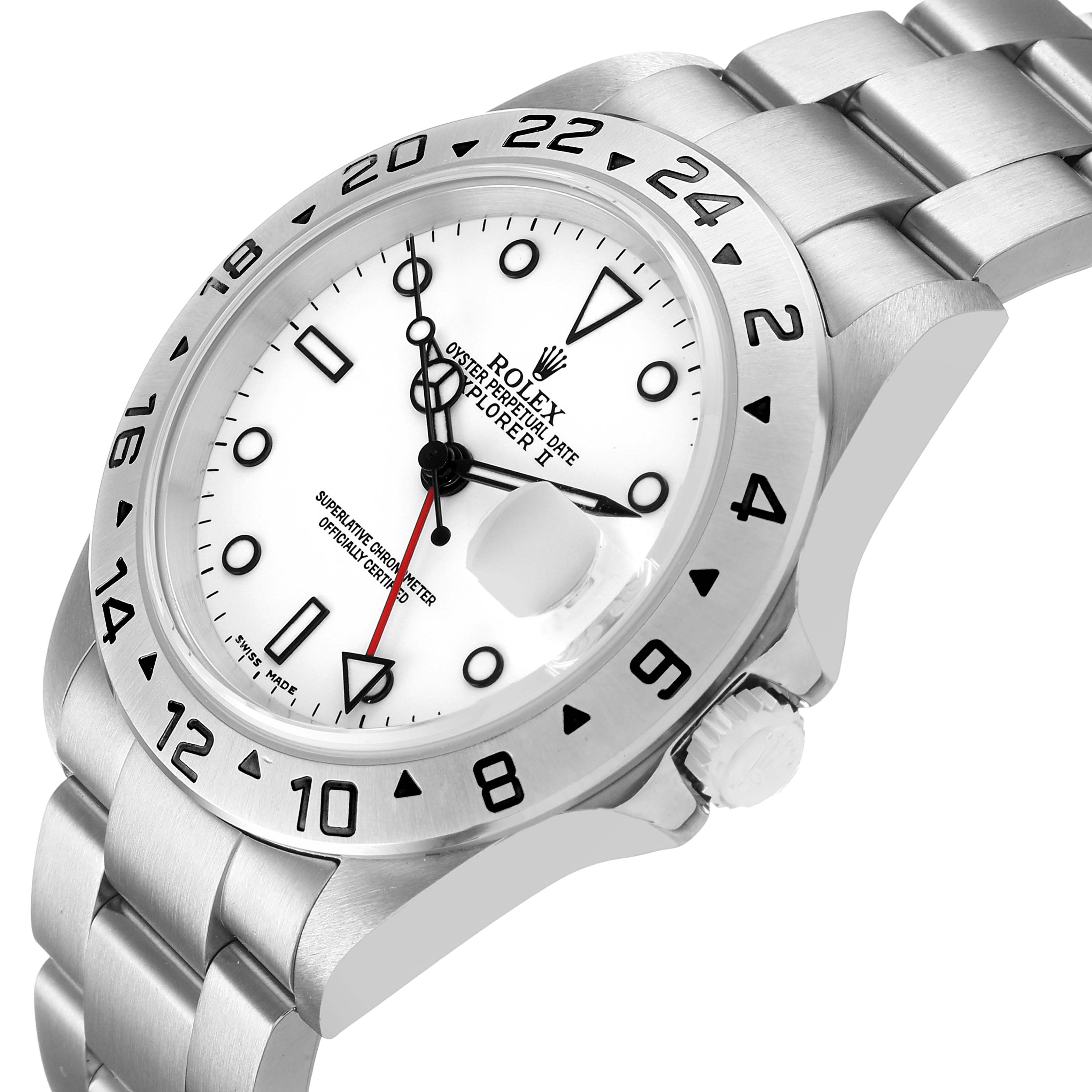 The Rolex Explorer 16570 Men's Stainless Steel White Dial watch is shown from an angled side view, displaying the face, bezel, crown, and part of the bracelet.