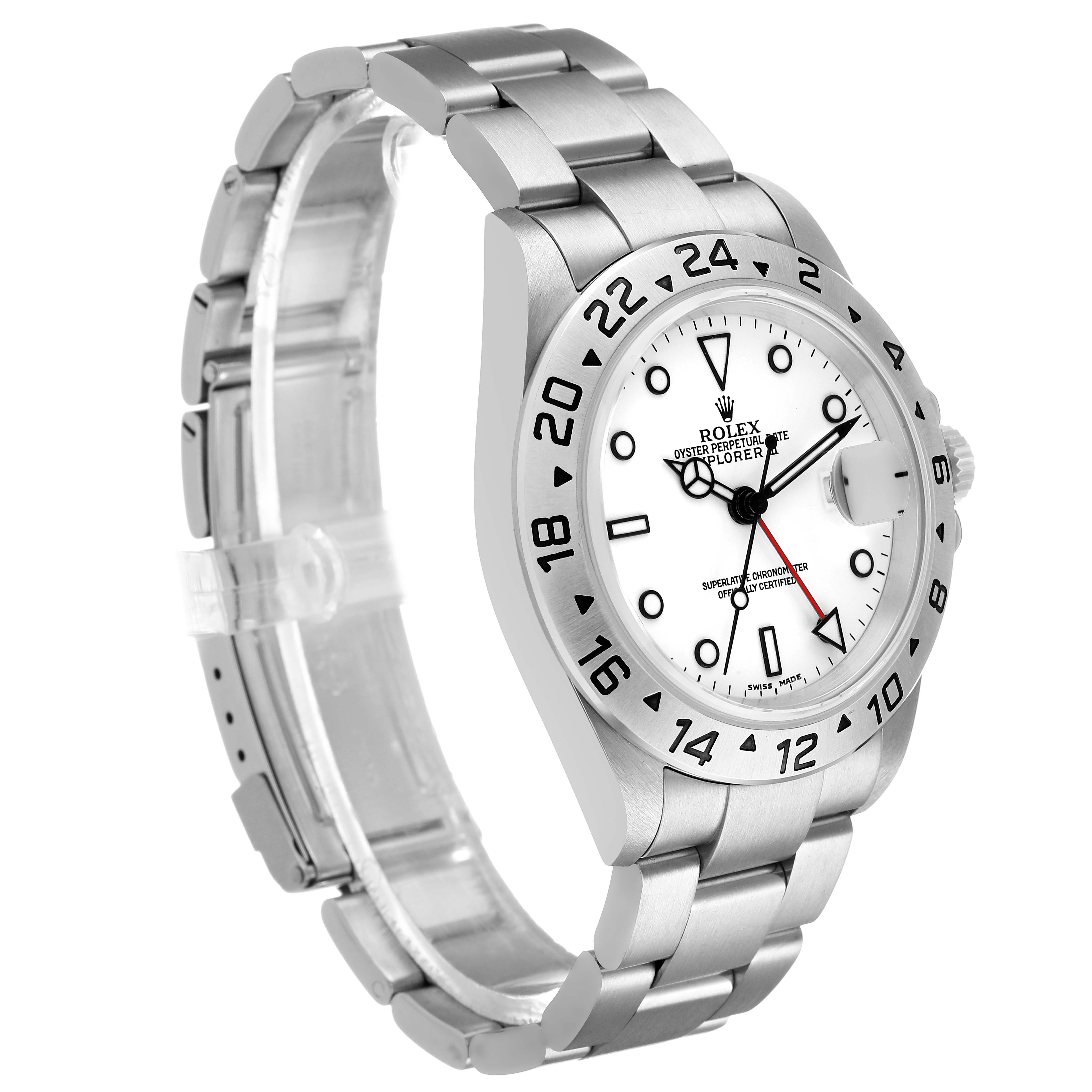 The Rolex Explorer 16570 Men's Stainless Steel White Dial watch is shown at a slight left-side angle, displaying the dial, bezel, case, crown, and bracelet.