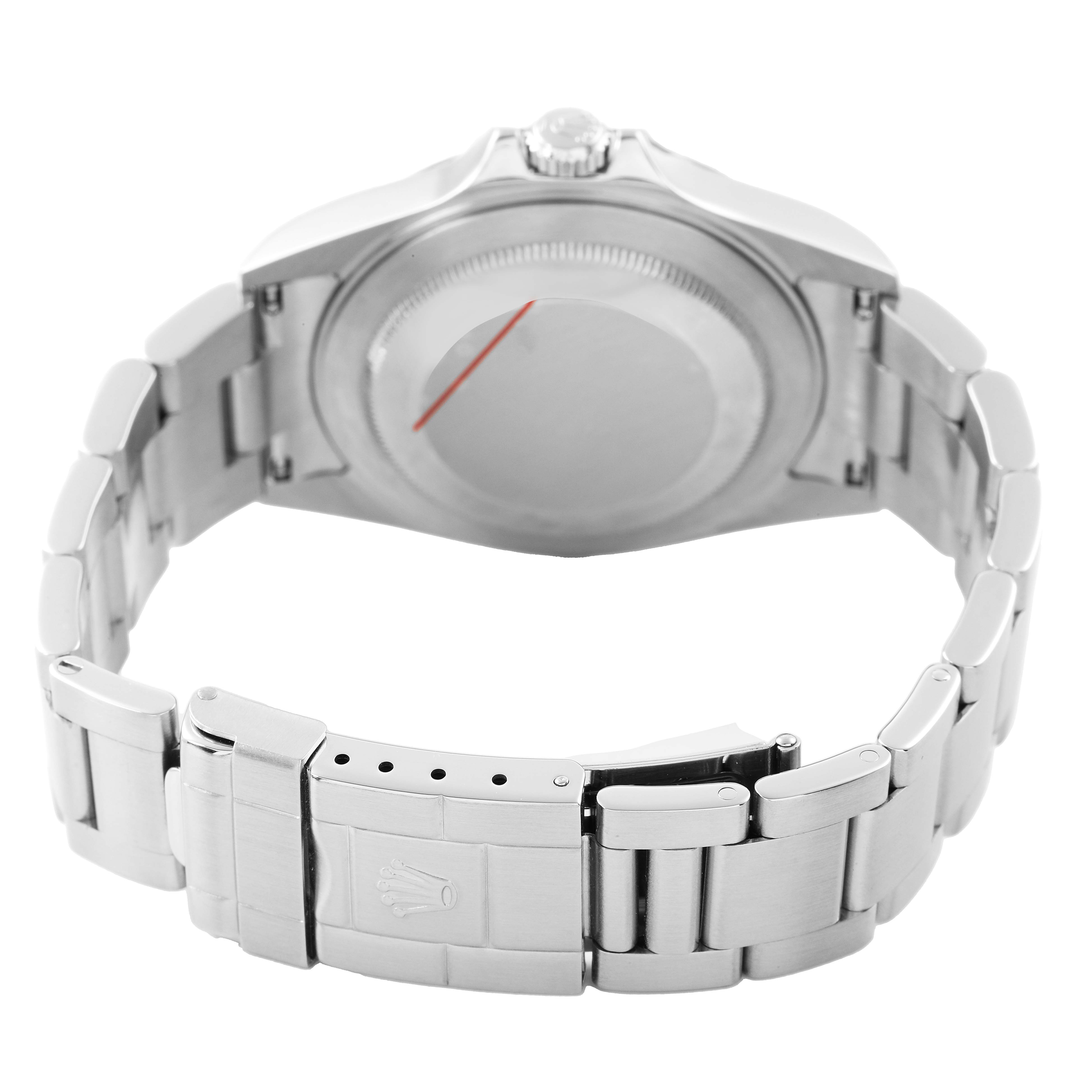 The image shows the back of a Rolex Explorer 16570 Men's Stainless Steel White Dial, highlighting the clasp and bracelet links.