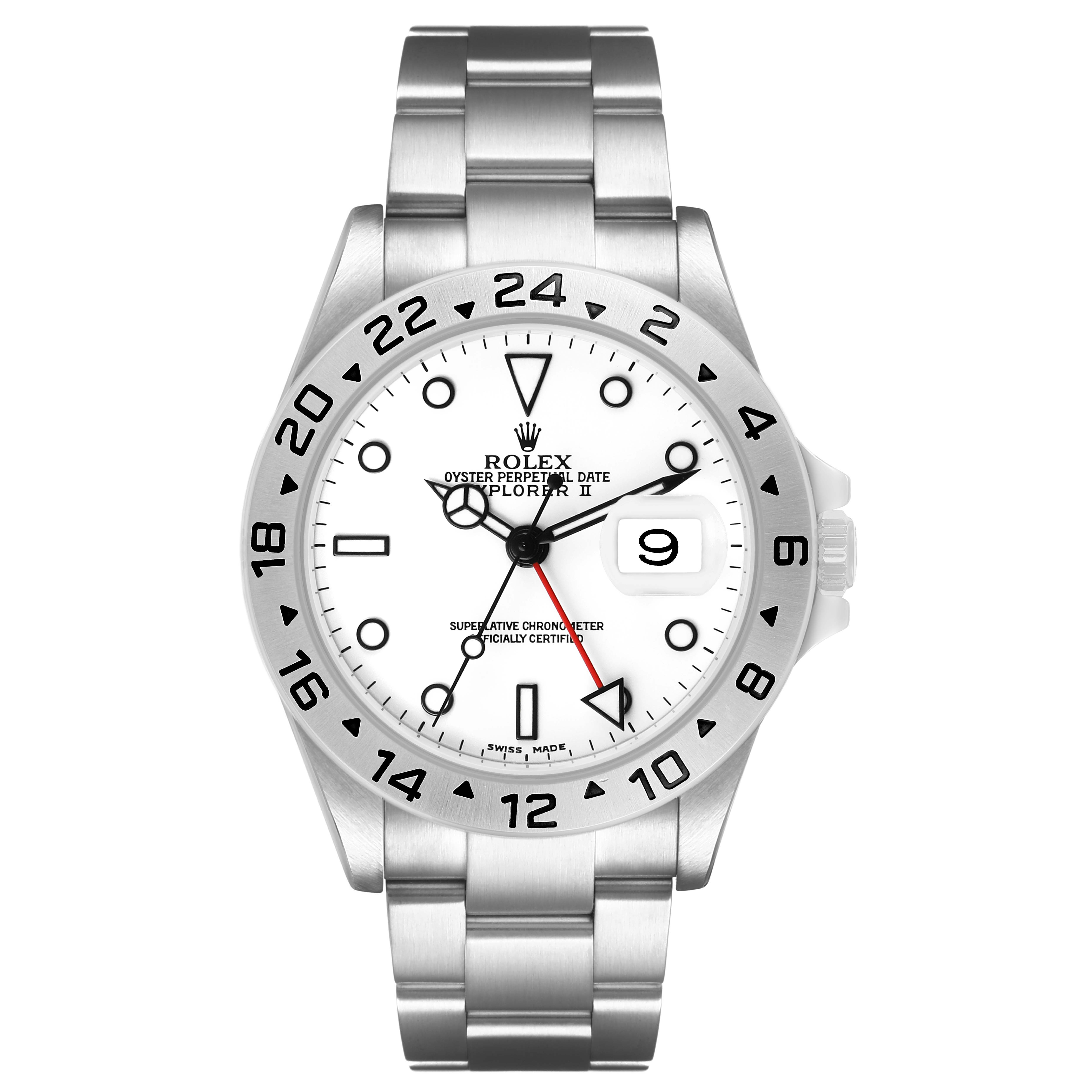 The image shows a front view of the Rolex Explorer 16570 Men's Stainless Steel White Dial model, displaying the dial, hands, bezel, and bracelet.