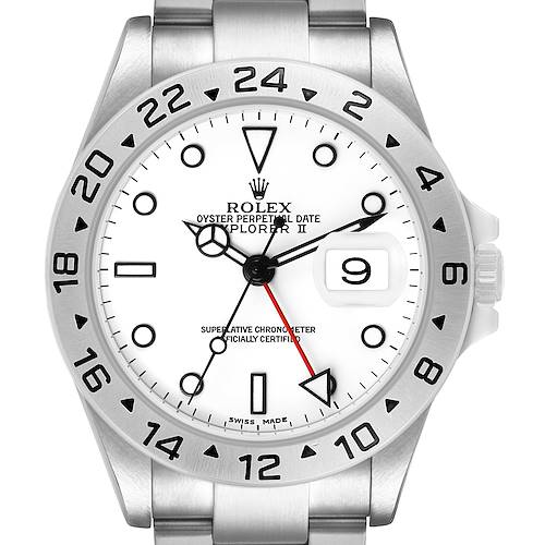 The Rolex Explorer 16570 Men's Stainless Steel White Dial model watch is shown from a front angle, detailing the dial, bezel with numbers, hands, and bracelet.