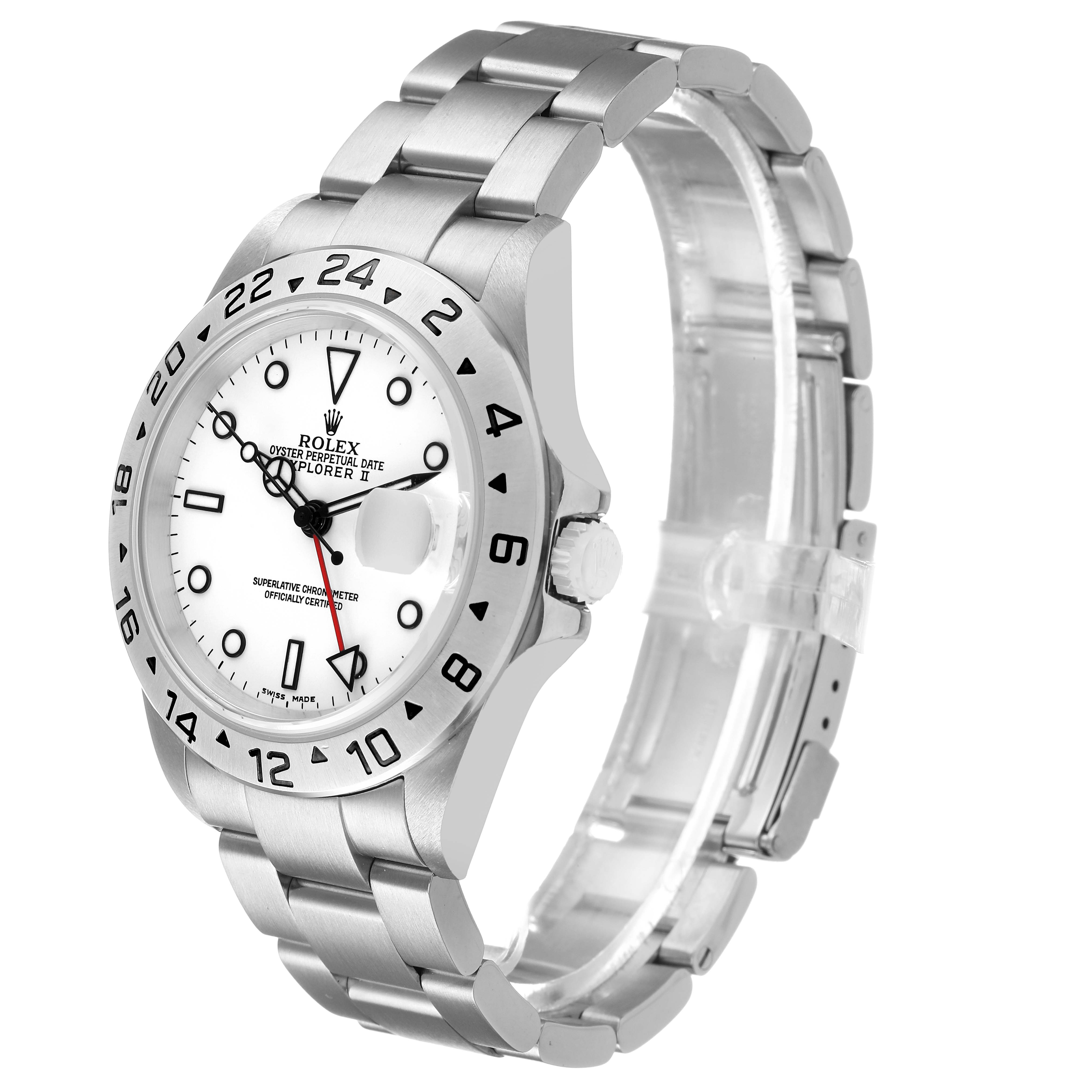 The Rolex Explorer 16570 Men's Stainless Steel White Dial model is shown at a slight angle, displaying the dial, bezel, and a part of the bracelet.