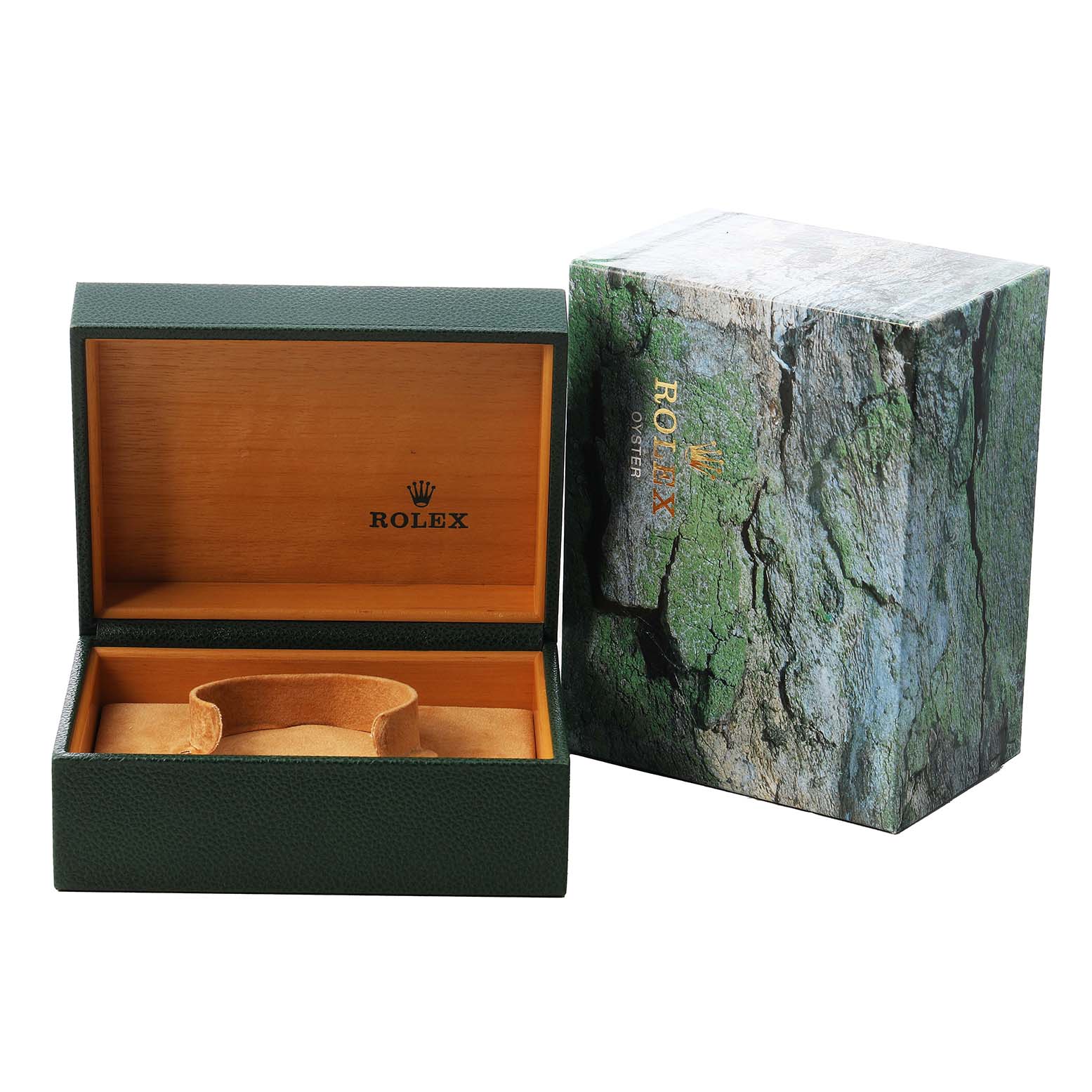 The image shows an open Rolex Explorer 16570 Men's Stainless Steel White Dial watch box and its outer packaging from the front angle.