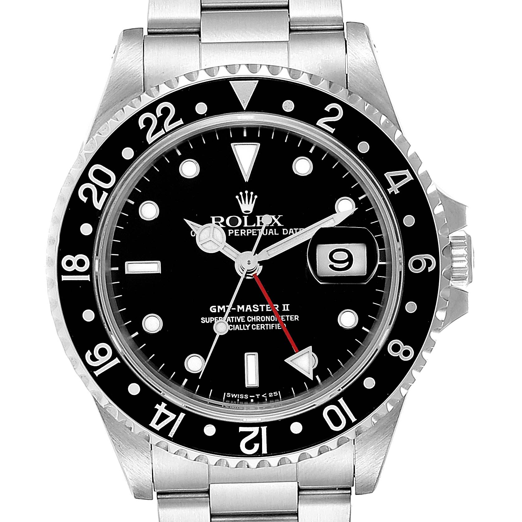 The image shows a front view of a Rolex GMT-Master 16710 Men
s Stainless Steel Black Dial 16710 Men
s Stainless Steel Black Dial II watch displaying its bezel, dial, hands, and bracelet.