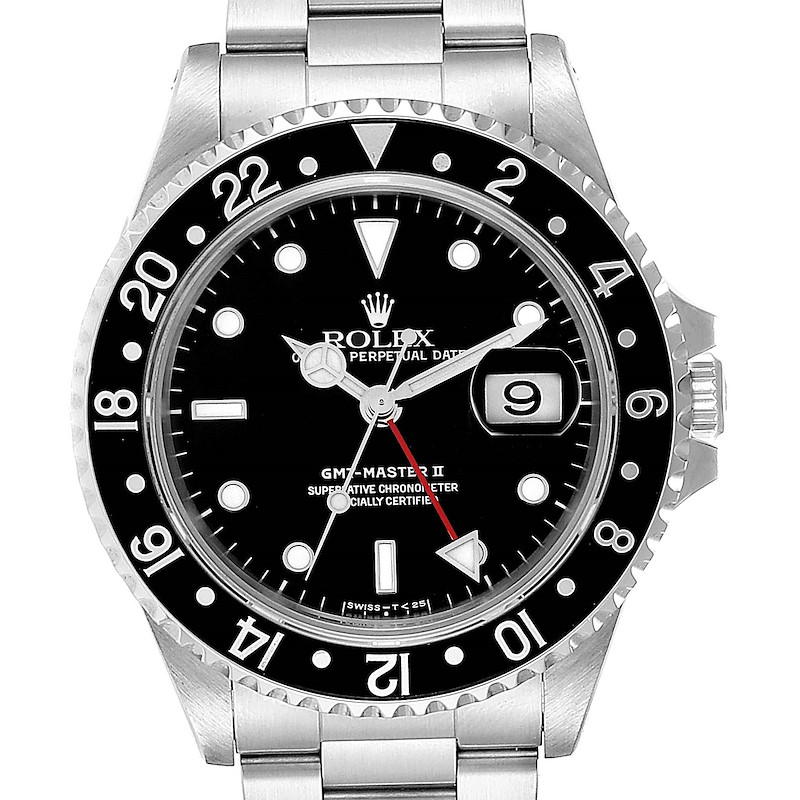 Rolex GMT Master II Black Bezel Red Hand Mens Watch 16710 Box Service Papers SwissWatchExpo