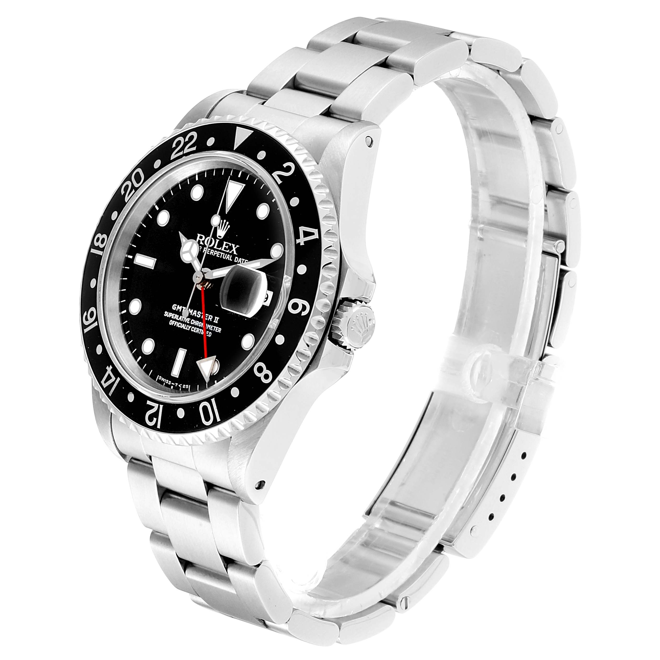 The image shows a side view of the Rolex GMT-Master 16710 Men
s Stainless Steel Black Dial 16710 Men
s Stainless Steel Black Dial watch, emphasizing its bezel, dial, and bracelet.