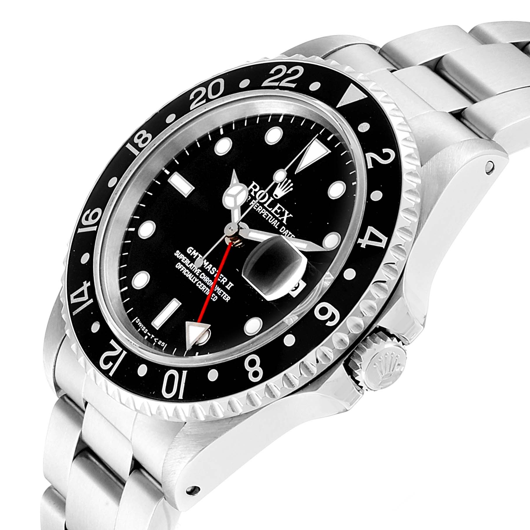 The angle shows a close-up of the Rolex GMT-Master 16710 Men
s Stainless Steel Black Dial 16710 Men
s Stainless Steel Black Dial watch face, bezel, crown, and part of the bracelet.
