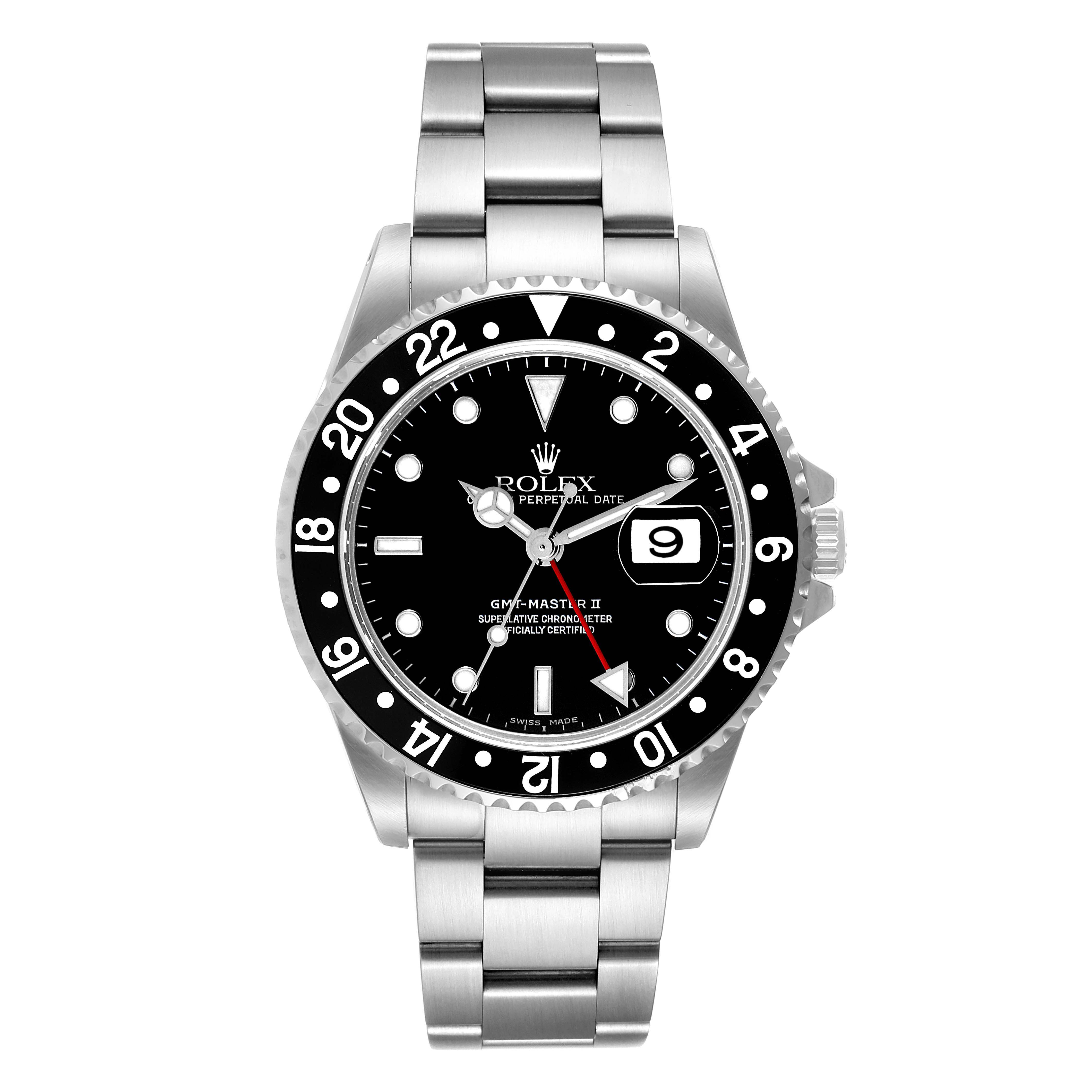 The Rolex GMT-Master 16710 Men's Stainless Steel Black Dial 16710 Men's Stainless Steel Black Dial watch is shown from a front angle, highlighting its dial, bezel, and bracelet.