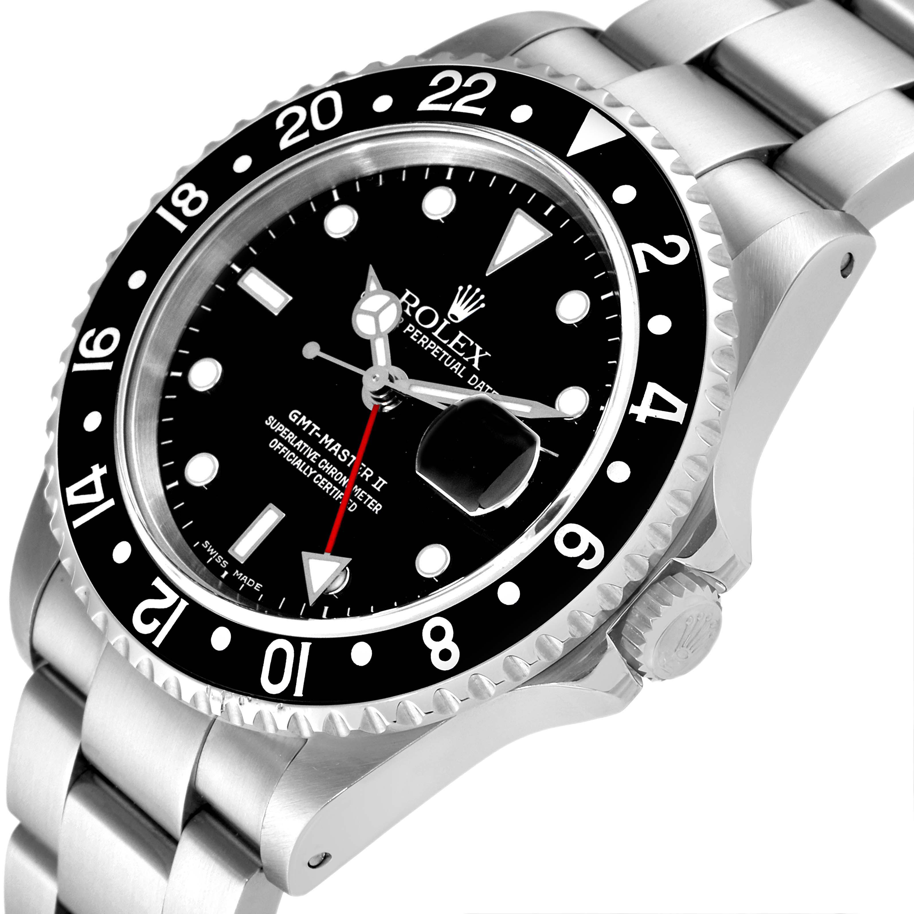 The Rolex GMT-Master 16710 Men's Stainless Steel Black Dial 16710 Men's Stainless Steel Black Dial watch is shown at a three-quarter angle, highlighting its face, bezel, crown, and part of the bracelet.